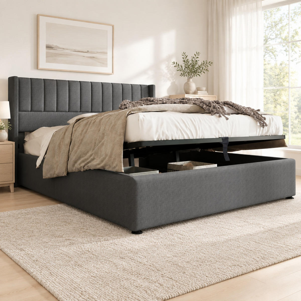 POLSTERBETT 160/200 mit Bettkasten und Lattenrost in Grau - Grau, Holzwerkstoff/Textil (160/200cm) - EVRYAE