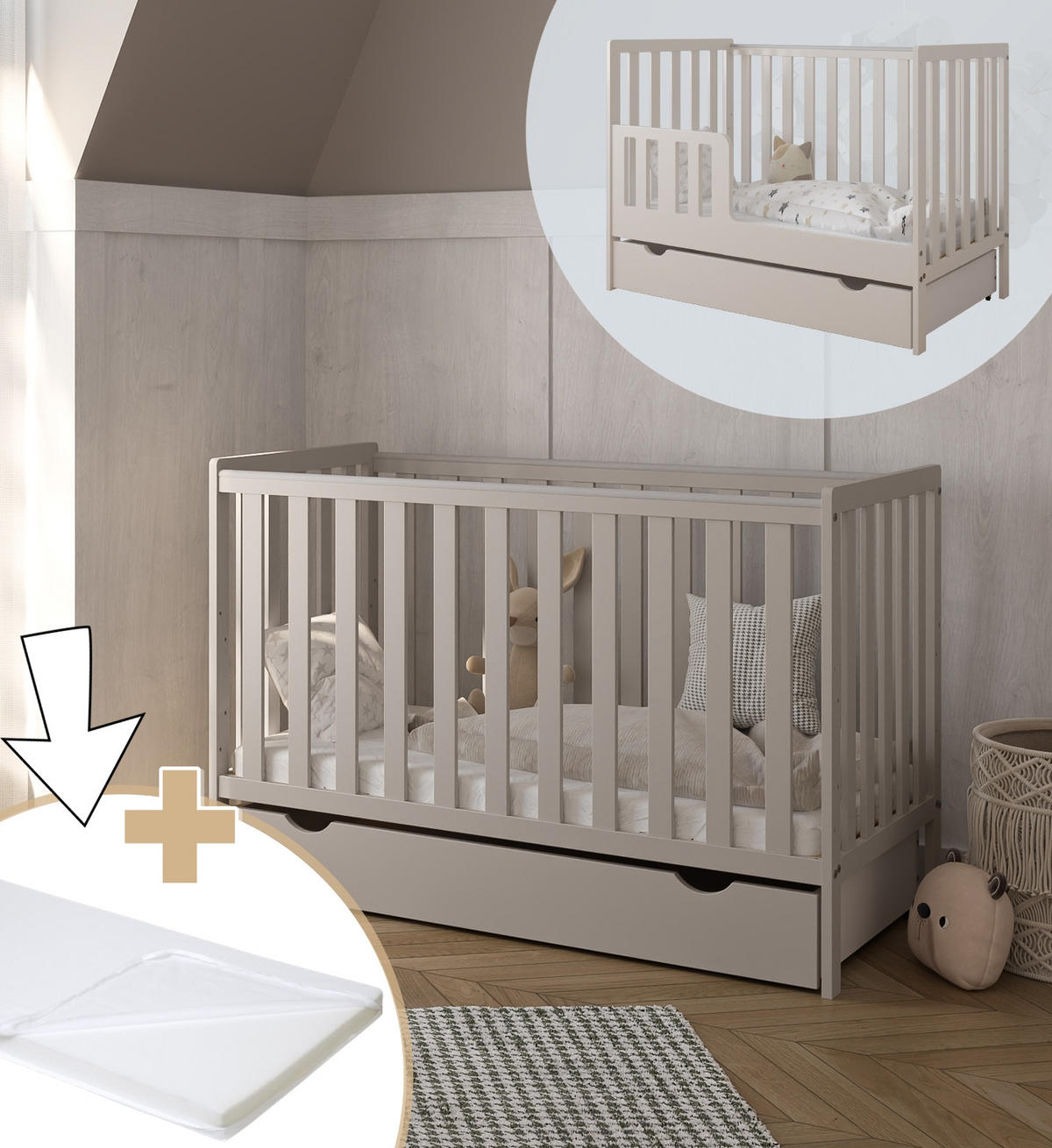 BABYBETT Lio mit Matratze und Schublade - Mintgrün, Holzwerkstoff (60/120cm) - kiki design
