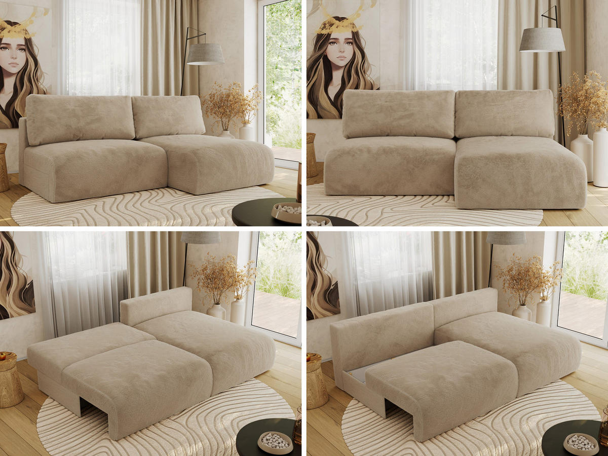 ECKSCHLAFSOFA VIVO L Beige Plüsch - rechts - Beige/Schwarz, Kunststoff/Textil (150/223cm) - MKS