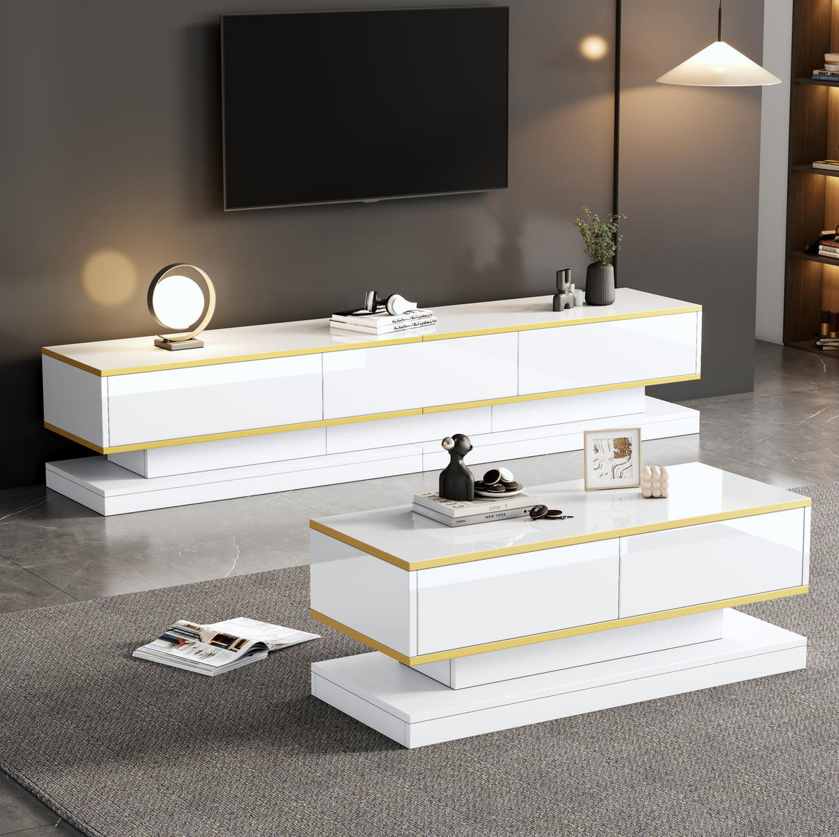 WOHNZIMMER-SET TV-Schrank & Couchtisch Weiß Gold 2-tlg. - Weiß, Holzwerkstoff (40/40/200.1cm) - Beauniv