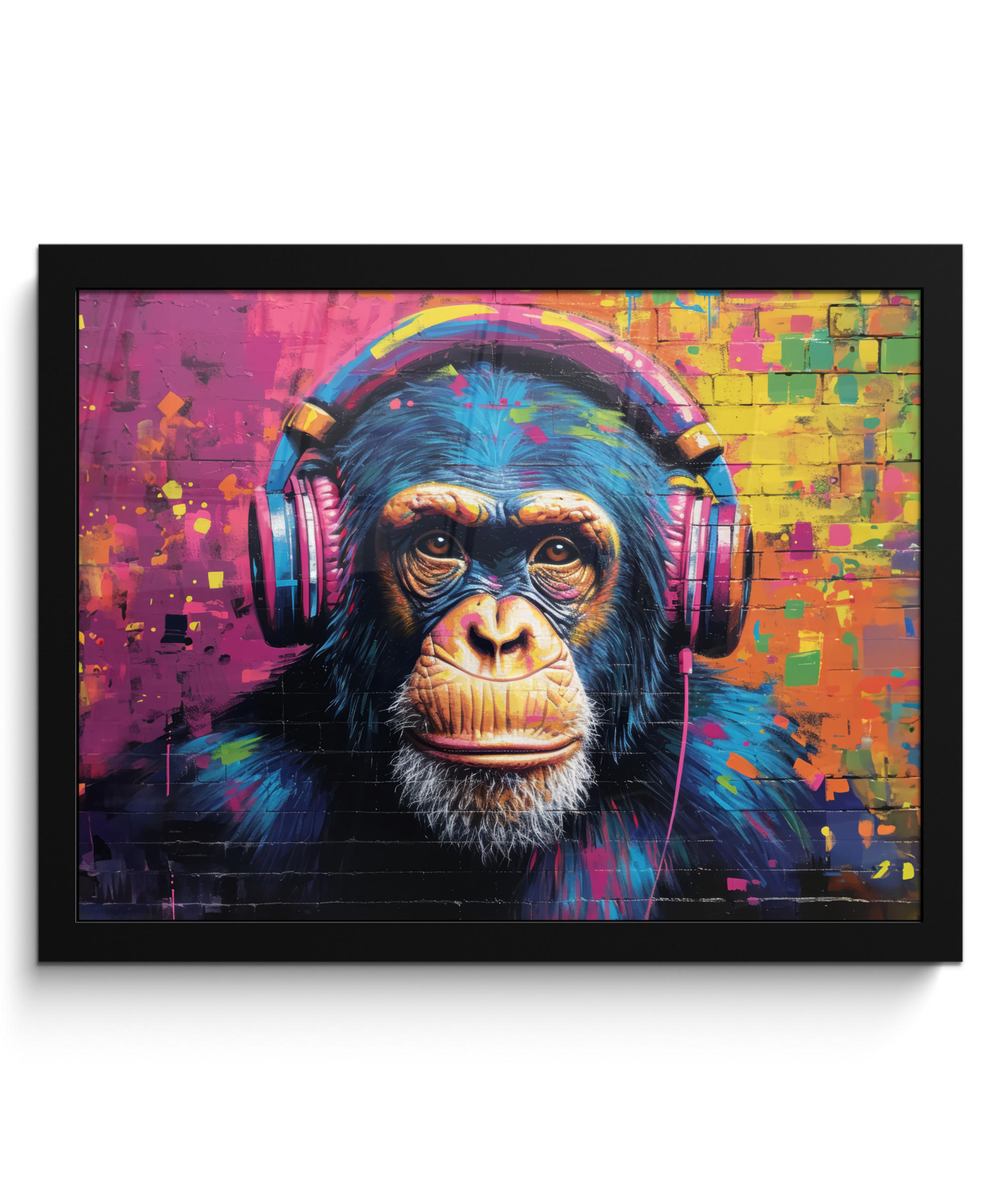POSTER MIT RAHMEN Graffiti - Schimpanse - Straßenkunst - Kopfhörer - Affe 40x30 cm - Blau, Papier (40/30cm) - MuchoWow