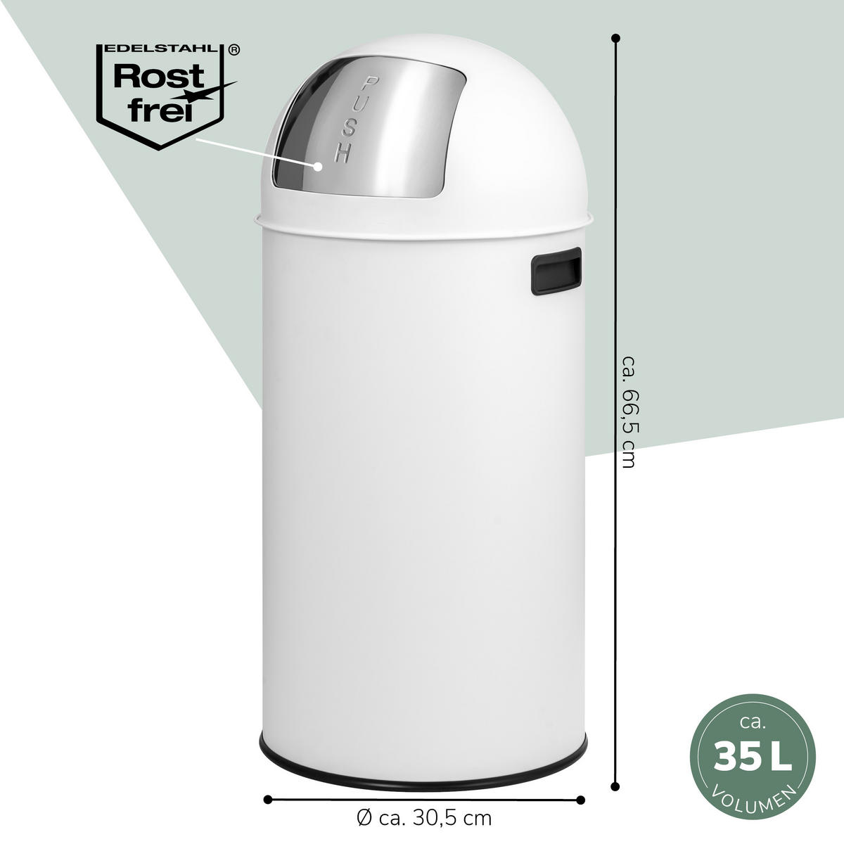 ABFALLEIMER Push-Deckel 35 L, weiß - Weiß, Metall (30.5/66.5/30.5cm) - eluno