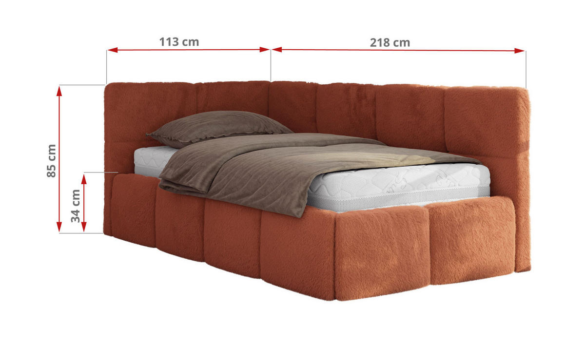 JUGENDBETT ARVO 90/200 - Orange Plüsch - Pocket-Matratze - Rechts Seite - Orange, Textil (90/200cm) - MKS