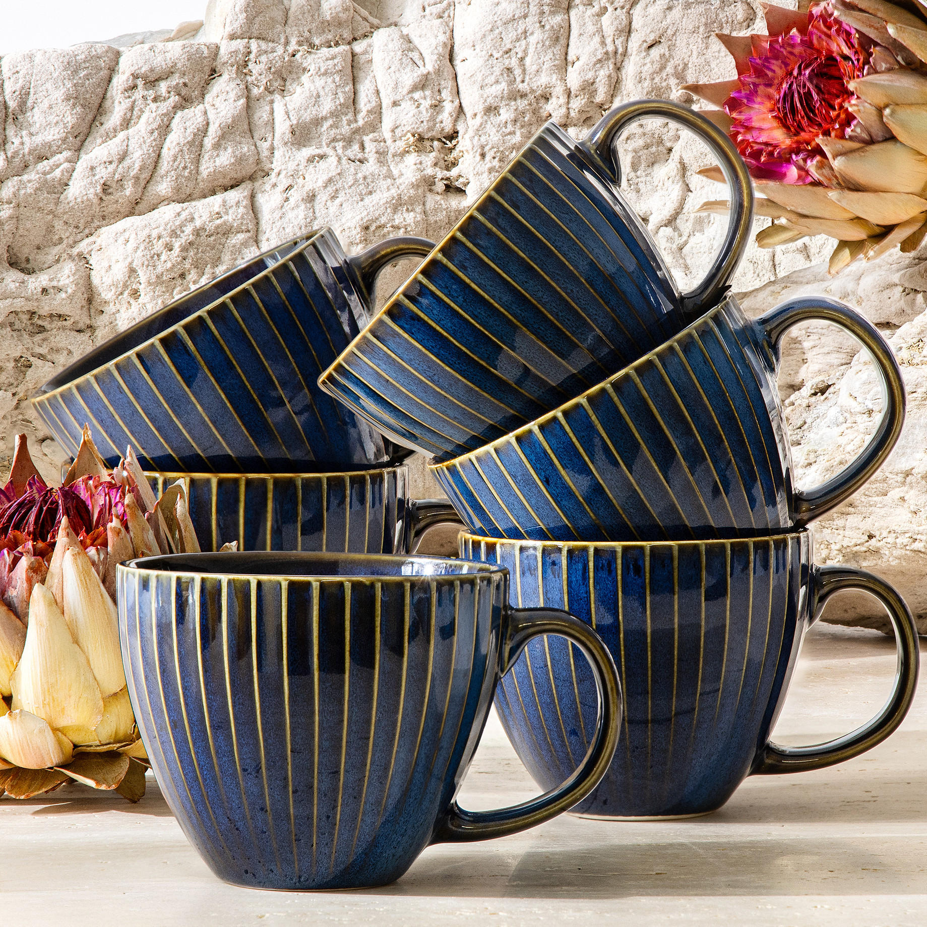 GROẞE TASSE AD STRIPES, 6-tlg - Dunkelblau, Keramik (10/9/14.5cm) - KONSIMO®