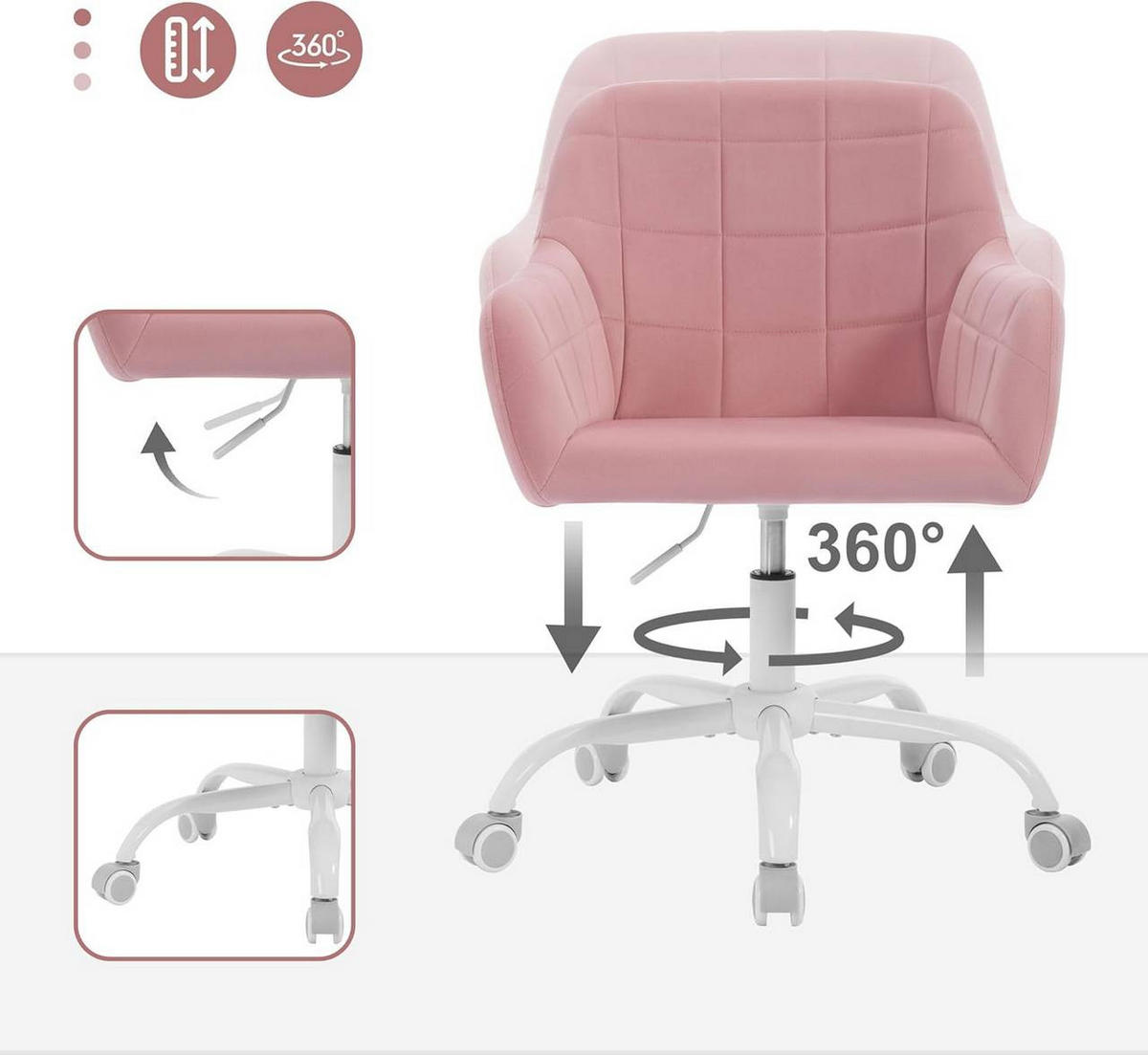 DREHSTUHL drehbar, Bürostuhl ergonomisch, Samt, Rosa - Weiß/Rosa, Kunststoff/Textil (58/77/61cm) - Woltu