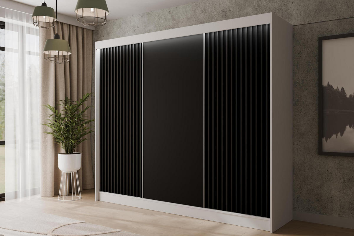 KLEIDERSCHRANK mit LED, Lamel-Schiebetüren VILANv2 - 250 cm Weiß + Lamelle schwarz - Schwarz/Weiß, Holzwerkstoff (250/215/61cm) - ALTDECOR