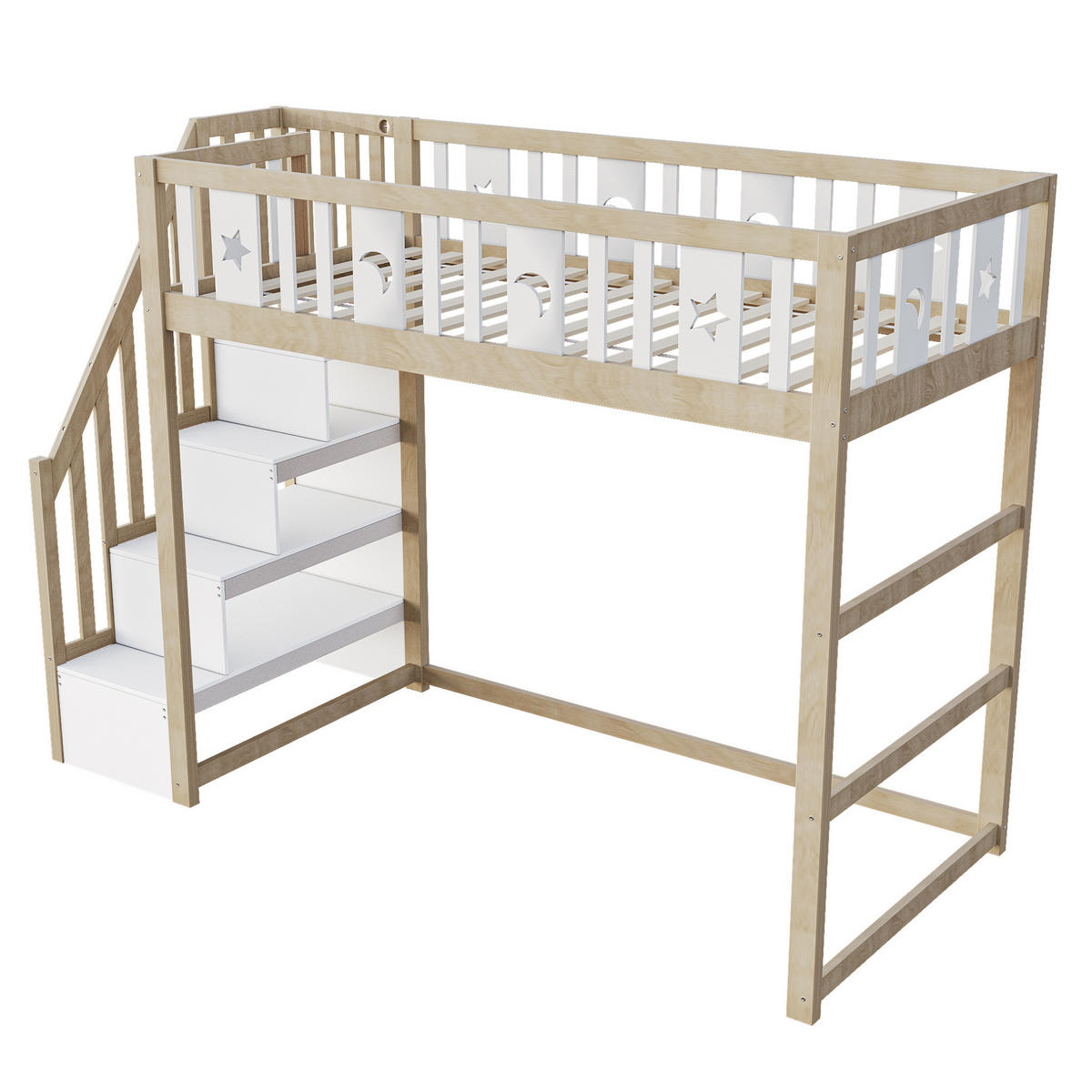 HOCHBETT 90/200 cm mit Treppe, Regalen und Stern-Mond-Geländer, Weiß/Natur - Naturfarben, Holzwerkstoff (90/200cm) - Redom