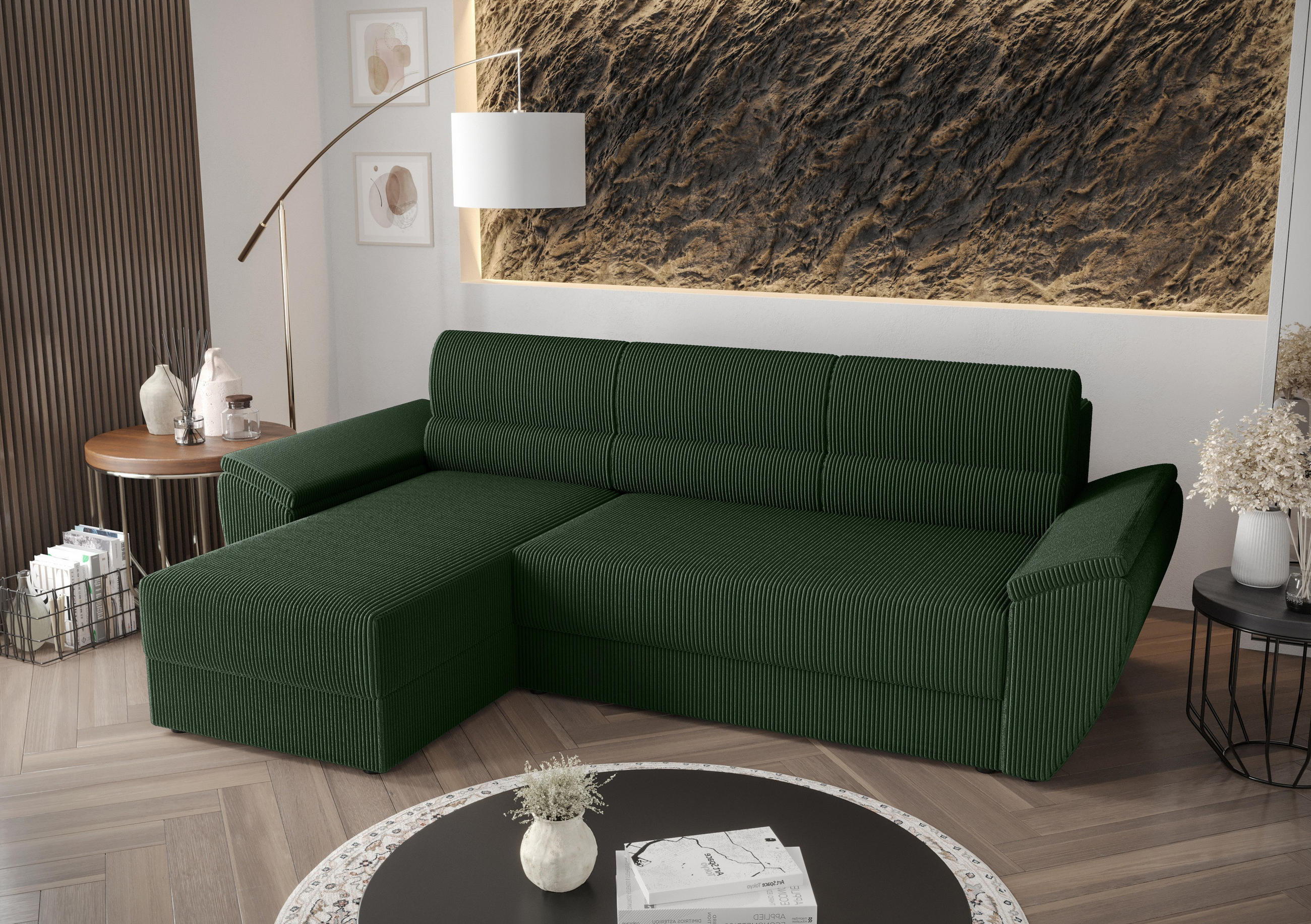 ECKSOFA L REBI L2 Poso 14 Links mit Schlaffunktion, Grün, L-Form - Grün, Textil (251/140cm)