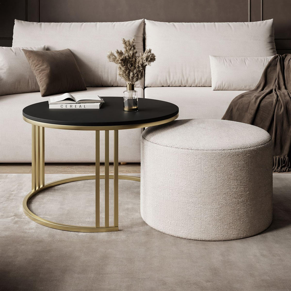 COUCHTISCH mit Hocker LORI MAT gebürstetes Gold/schwarz matt/Perfect Harmony 01 - Schwarz, Metall (70/70/49cm) - Lookway