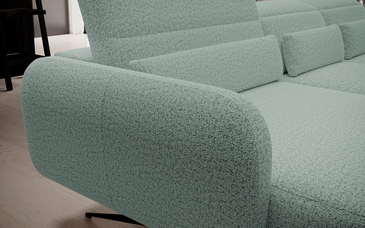 ECKSOFA BARILLO - Verstellbarer Rückenlehne, Stahlfüße, Elegante Armlehnen, Drei Rückenkissen, Freistehend, 261x170x97 cm Linke, Grün - Grün, Holz/Textil (170/261cm) - DomoHome