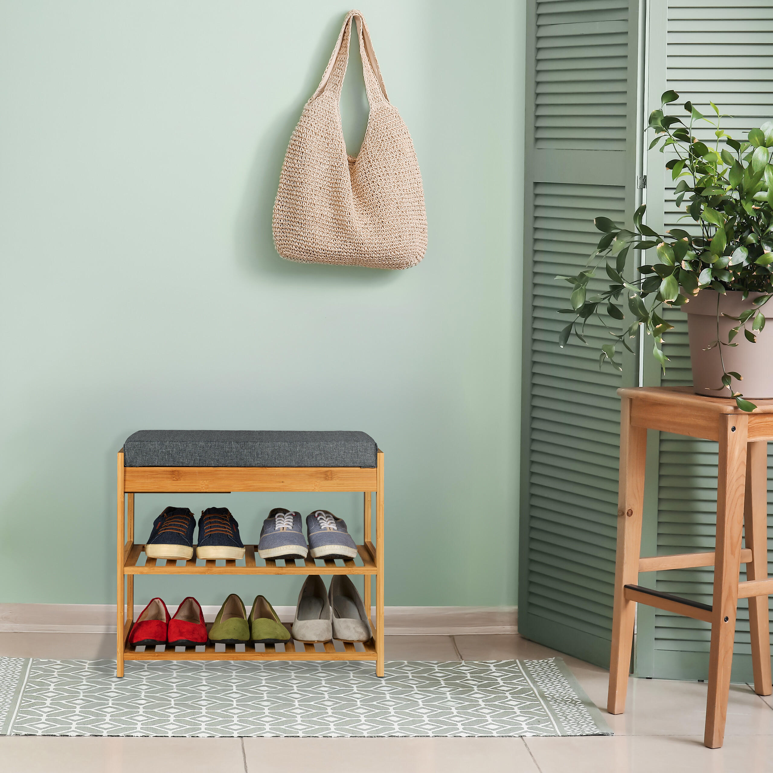 SCHUHBANK - Hellbraun/Grau, Holz/Textil (55/49/30cm) - Relaxdays