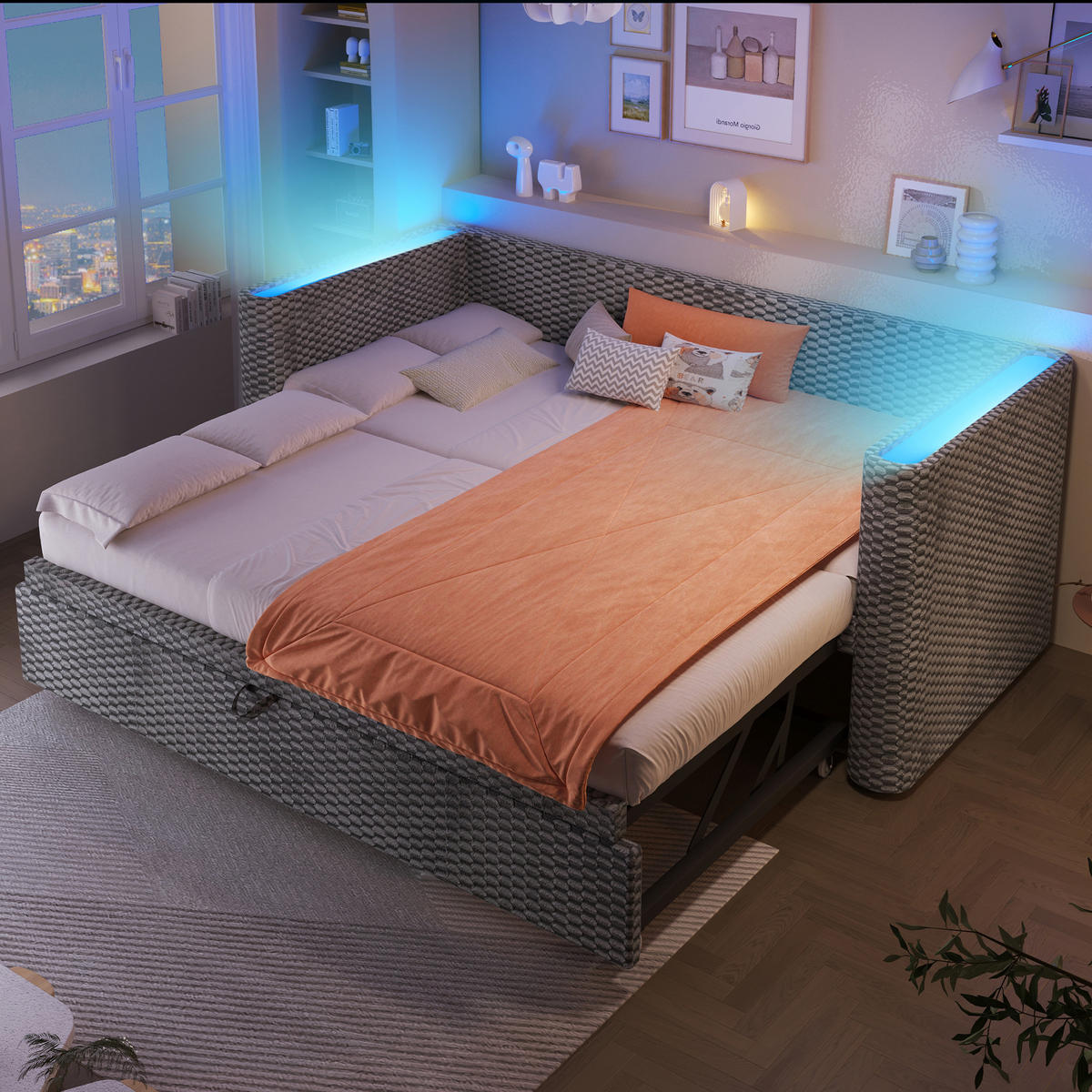 TAGEBETT 90x200cm + 180x200cm Grau Samt LED-Licht Ausziehbett - Grau, Holz (180/200cm) - FLIEKS