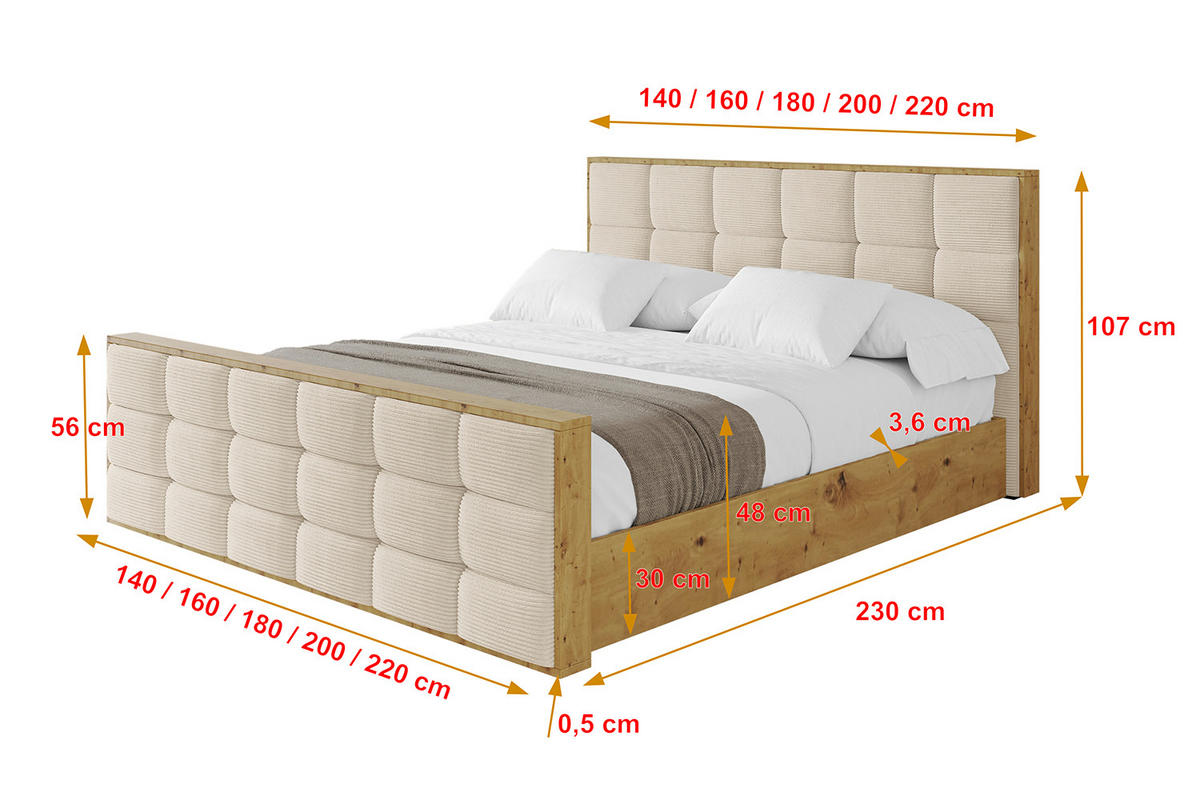 POLSTERBETT mit Bettkasten, Fußteil und Lattenrost, Boxbett ohne Matratze - ENZO2-Z 180x200 Beige - Creme, Holzwerkstoff/Textil (180/200cm) - ALTDECOR