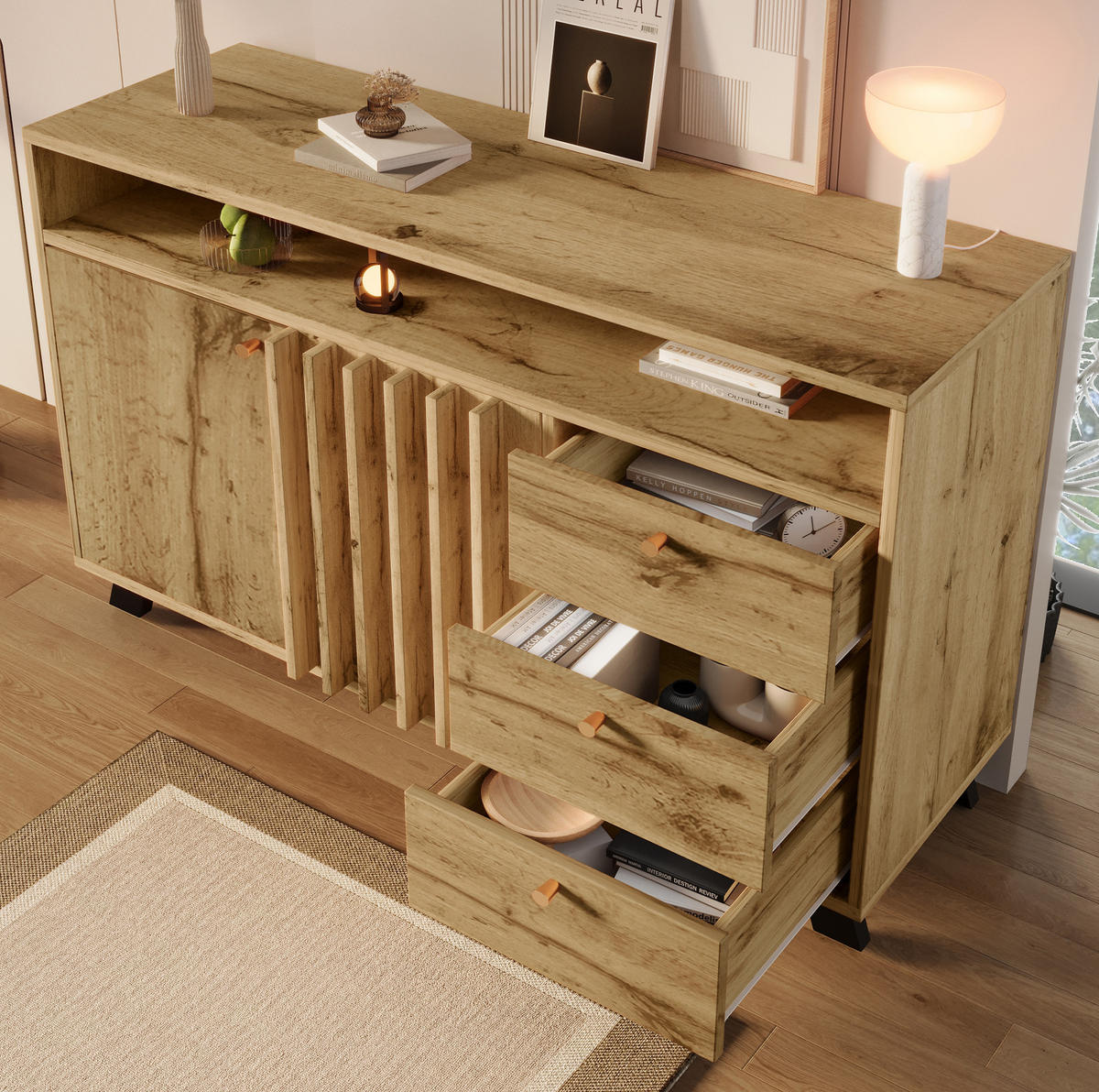 SIDEBOARD 120/40/85 cm in Dunkleiche mit 3 Schubladen und 2 Türen - Braun, Holz (120/85/40cm) - Flora Grace