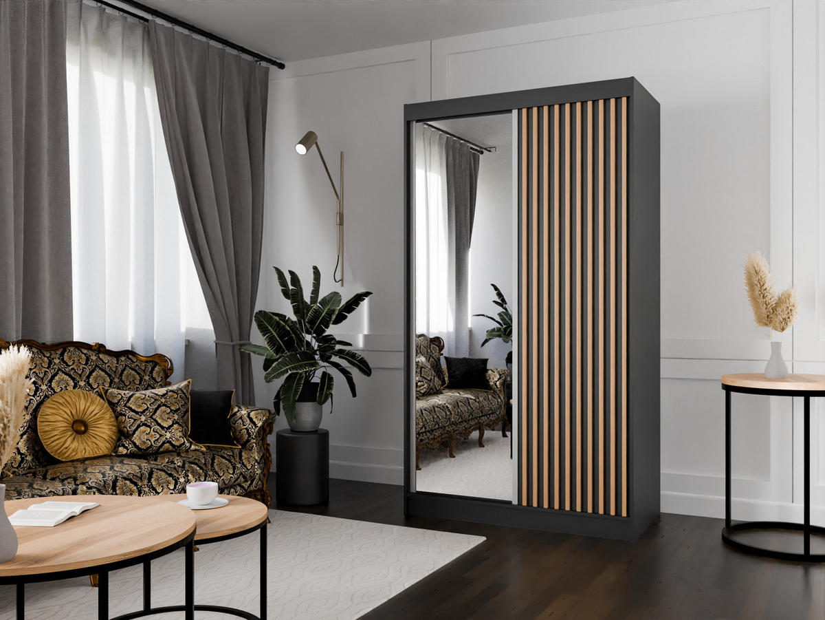 SCHIEBETÜRENSCHRANK LAMELIS - Eiche Wotan/Schwarz, Holzwerkstoff (120/215/61cm) - Meblini