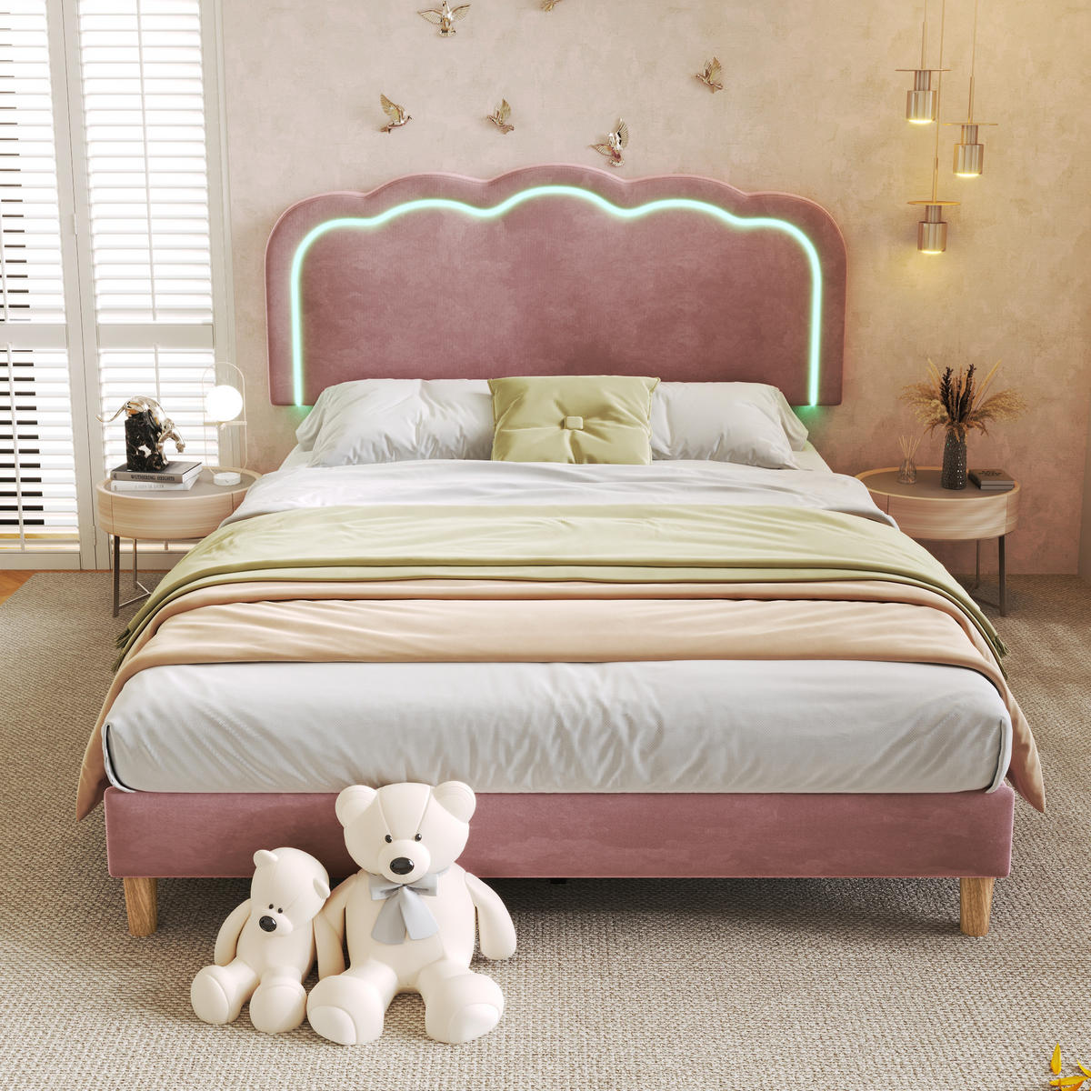 POLSTERBETT 140/200 cm in Rosa aus Samt mit LED-Beleuchtung - Pink, Textil (140/200cm) - Flora Grace