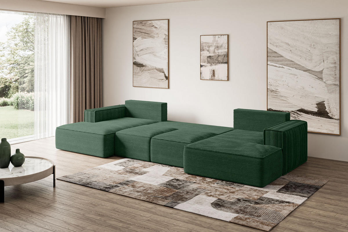 WOHNLANDSCHAFT mit Schlaffunktion und Bettkasten SIERRA-U-S - 349x161x87 cm Grün Cord - Schwarz/Grün, Holzwerkstoff/Kunststoff (349/87/161cm) - ALTDECOR