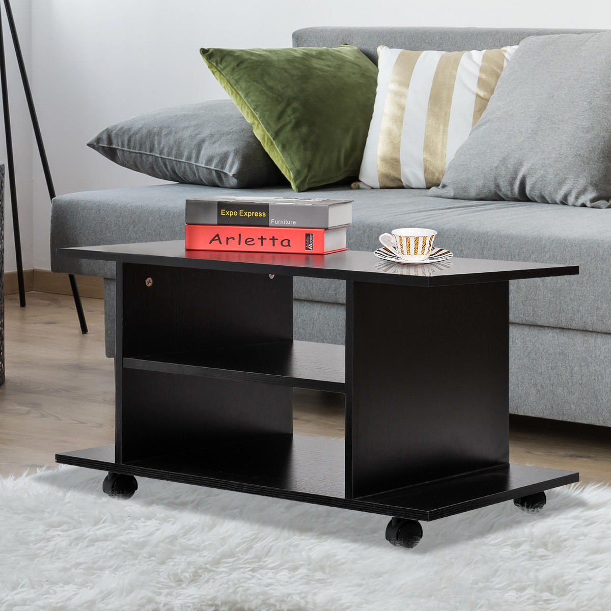 TV-BANK Schwarz 80/40/40 cm, auf Rollen, mit Ablagen - Schwarz, Holz (80/40/40cm) - PANGIVO