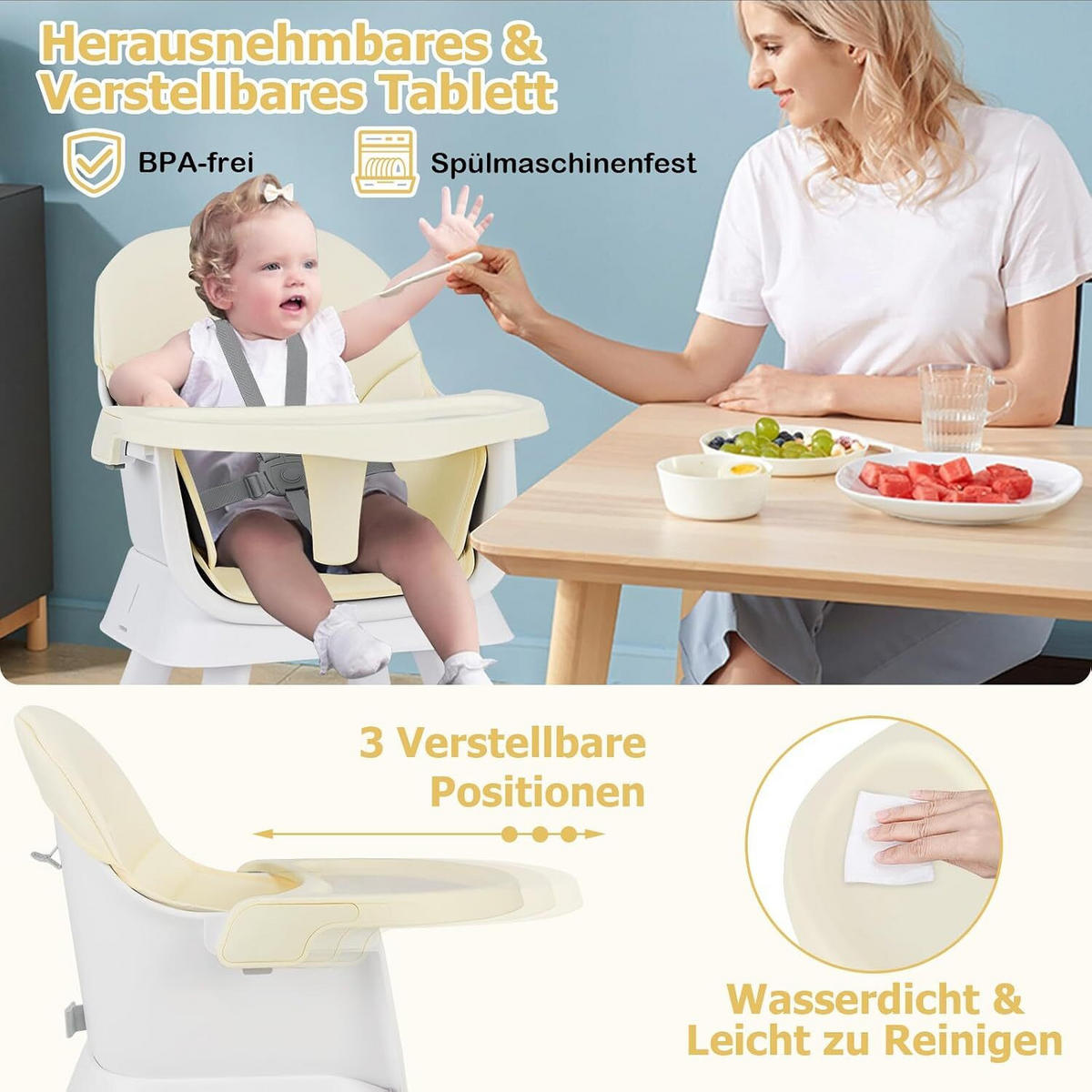KINDERHOCHSTUHL mit Sicherheitsgurt & abnehmbarem Trichter beige - Beige, Kunststoff (58/98/58cm) - COSTWAY
