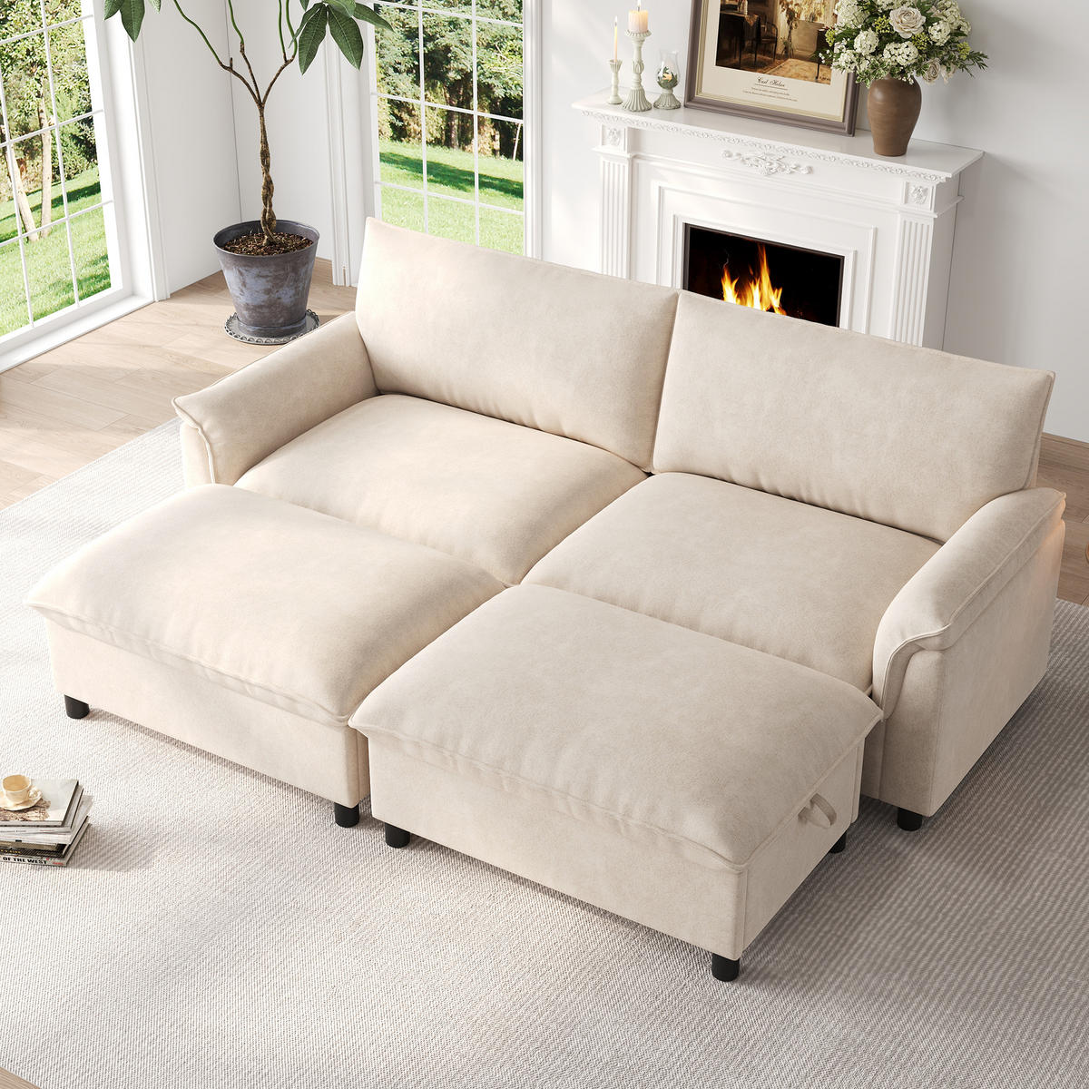 WOHNLANDSCHAFT mit 2 Aufbewahrungs-Ottomane 216/142/82 cm Beige - Beige, Textil (77/82/216cm) - Oxeza