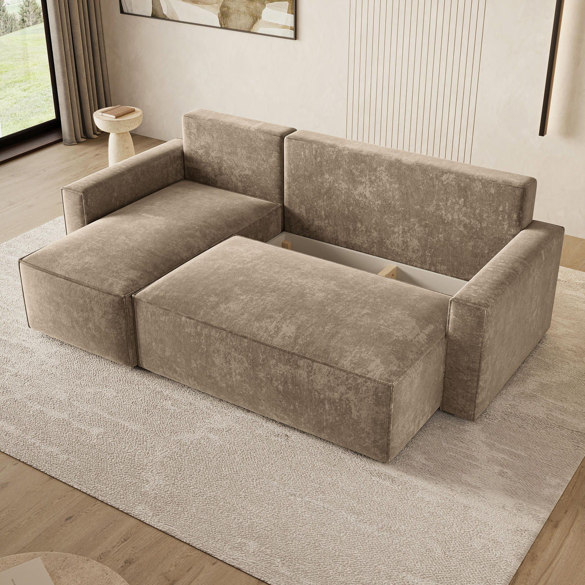 ECKSOFA POTARO LM Beige Chenille mit Schlaffunktion - Beige, Holzwerkstoff/Textil (232/140cm) - MASSENO