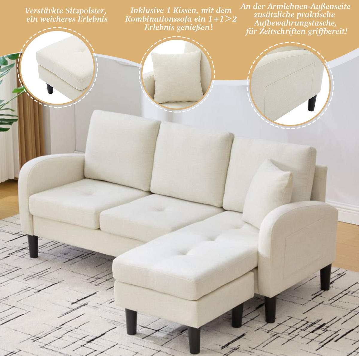 ECKSOFA 166/118/77 cm Hellbeige aus Baumwoll-Leinen-Mischgewebe mit modularer Chaiselongue - Weiß, Textil (118/166cm) - OKMYHOME