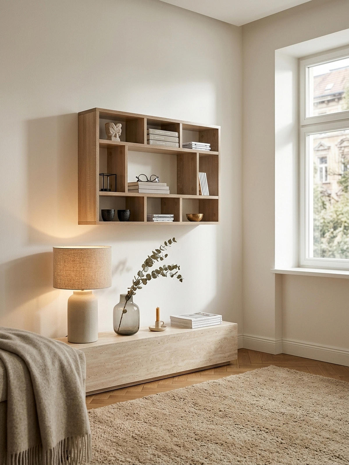 WANDREGAL MAGRA Spanplatte 9 Fächer Modern, Beige 75x16x51 cm - Beige, Holz (75/51/16cm) - KADIMA DESIGN