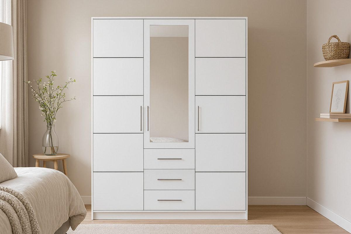 DREHTÜRENSCHRANK LABOO 147/200/58 cm in Weiß - Weiß, Holzwerkstoff (147/200/58cm) - Deine Möbel 24