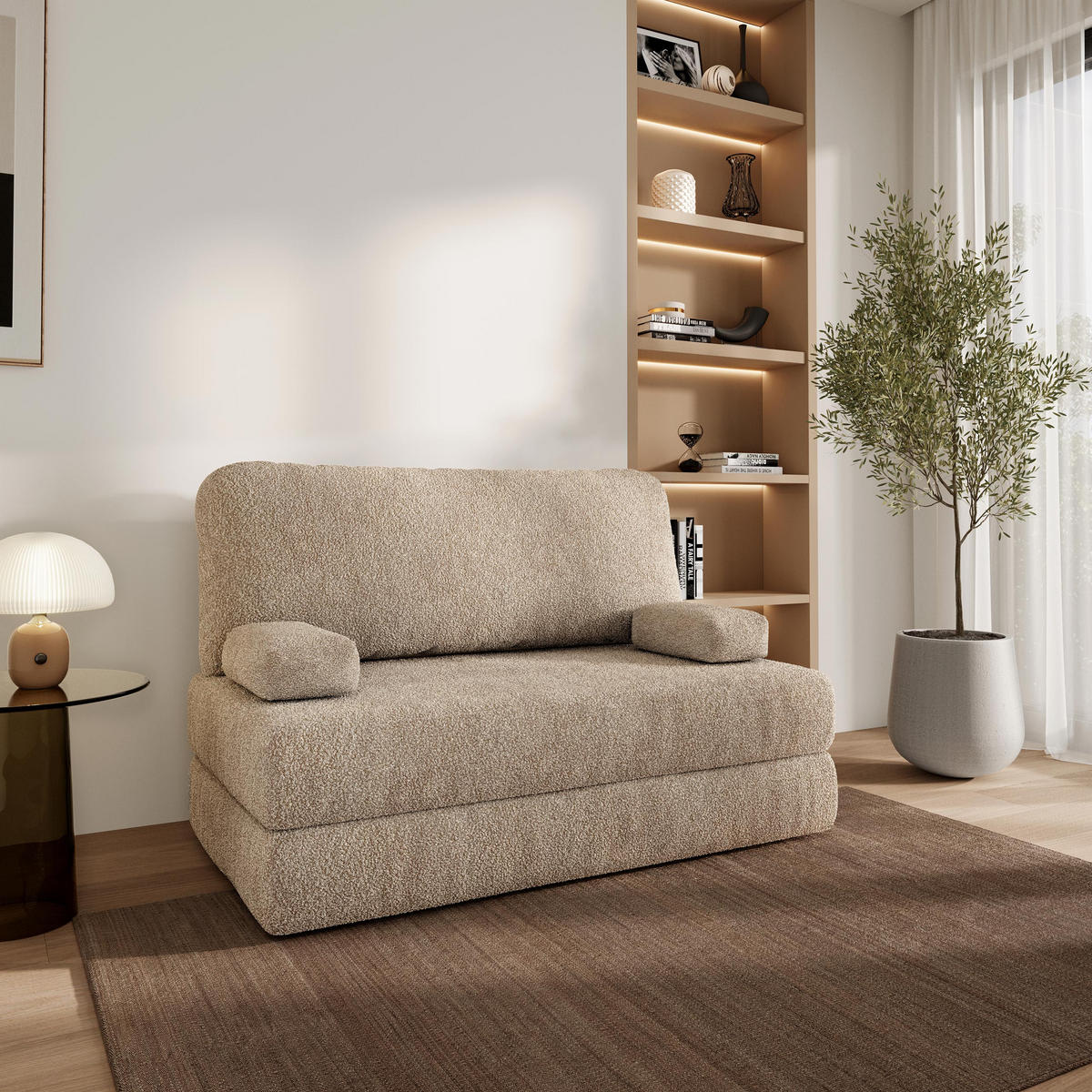 BETTSOFA KESTE aus Schaumstoff Bucle-Stoff Beige Schlaffunktion - Beige, Textil (140/86/60cm) - MASSENO