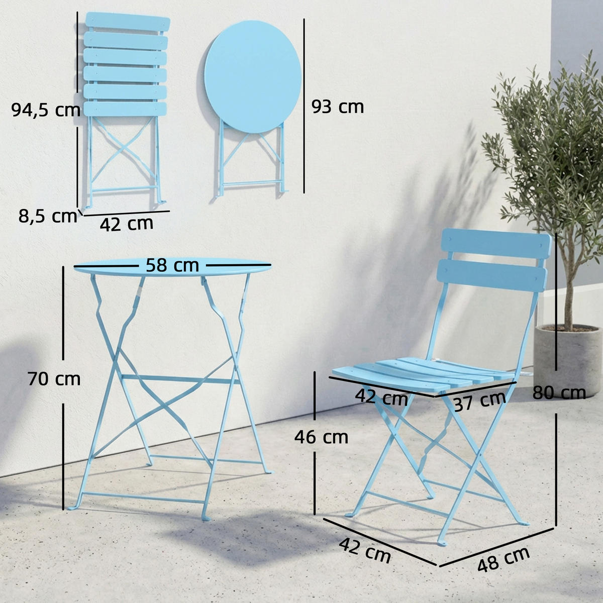 BALKONSET 3-teilig DE-14231 klappbar, Lattenrost Hellblau - Hellblau, Metall - ComfortXL