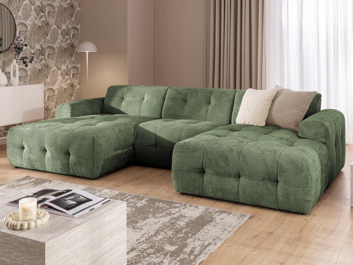 WOHNLANDSCHAFT Kozy im Bumpy-Design mit fester Rückenlehne aus weichem Grün Chenille-Stoff - Schwarz/Grün, Holz/Kunststoff (323/79/161cm) - S-Style Möbel