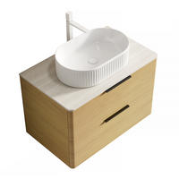 WASCHTISCHUNTERSCHRANK 75x46x62.2cm Beige/Eiche/Weiß mit ovalem Keramikbecken & Travertin-Arbeitsplatte - Eichefarben, Keramik (75/62.2/46cm) - Modfu