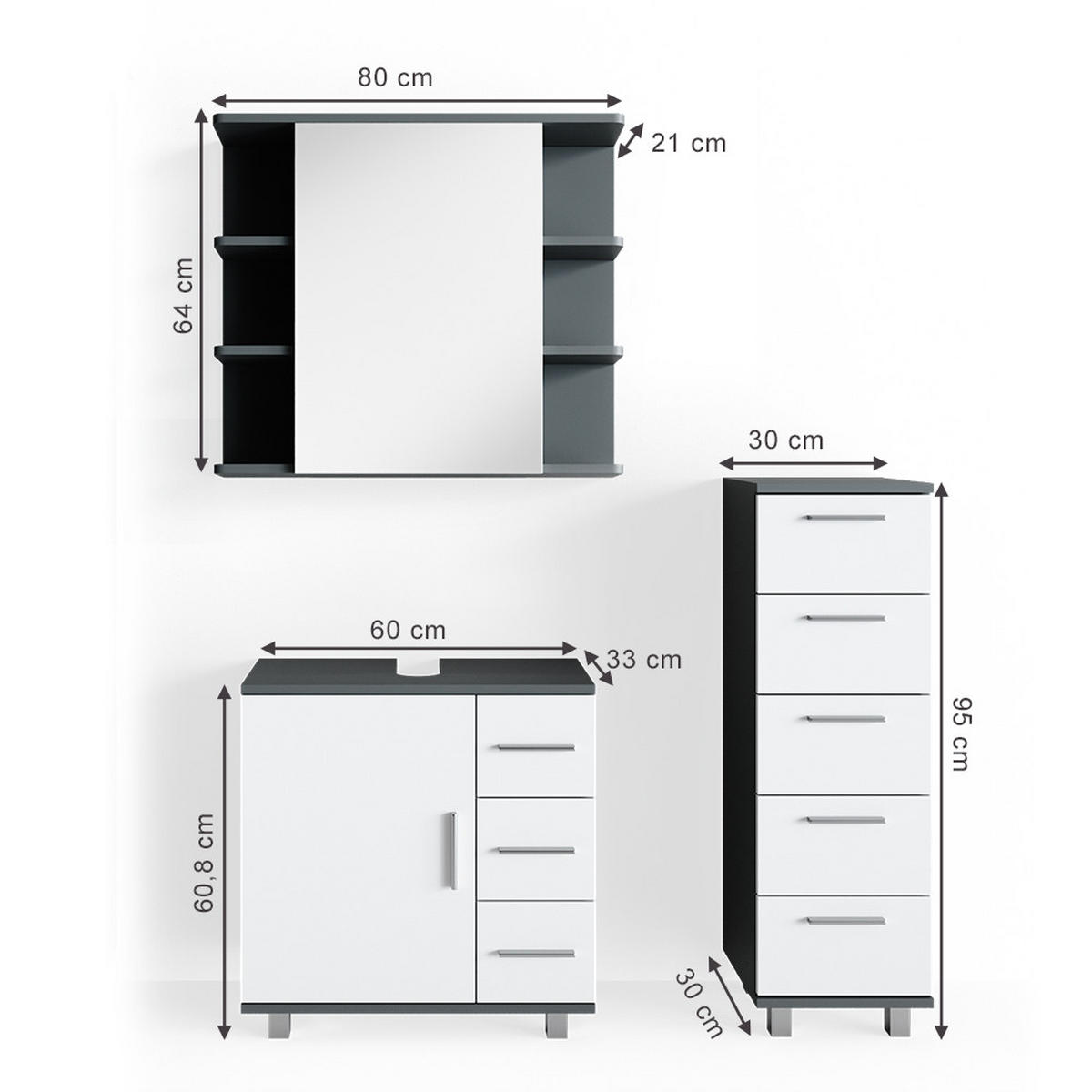 BADMÖBEL-SET Ilias Anthrazit 3 Teile, mit Midischrank - Anthrazit/Weiß, Holzwerkstoff (60/60.8/33cm) - Vicco