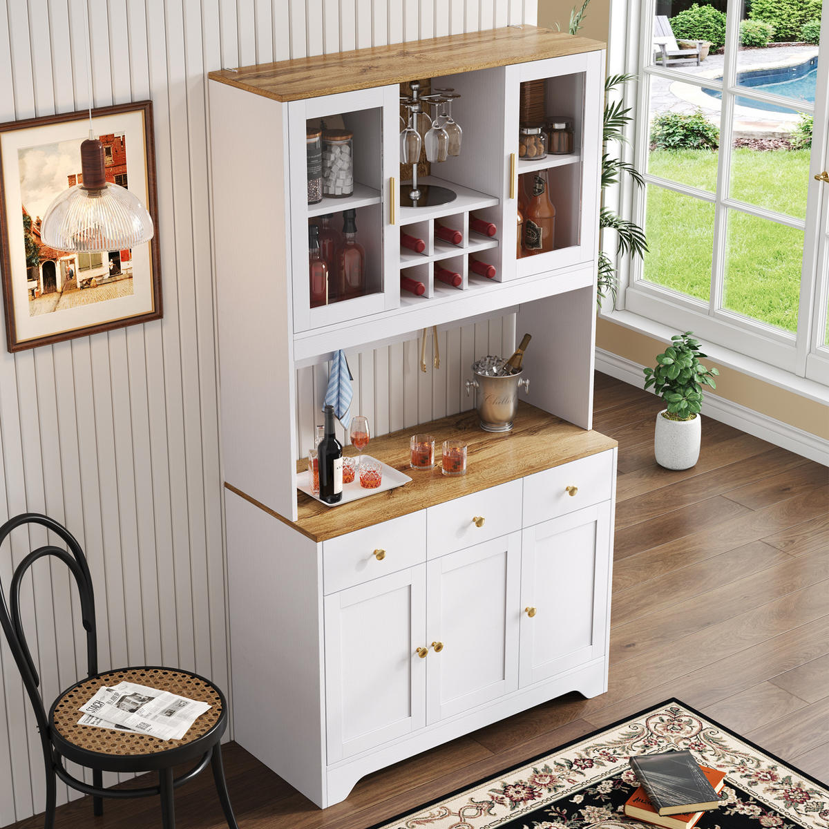 HIGHBOARD 94,5/30/175,5 cm in Weiß mit 5 Türen, 3 Schubladen und Vitrinenfächern - Weiß, Holzwerkstoff (94.5/175.5/30cm) - Flora Grace