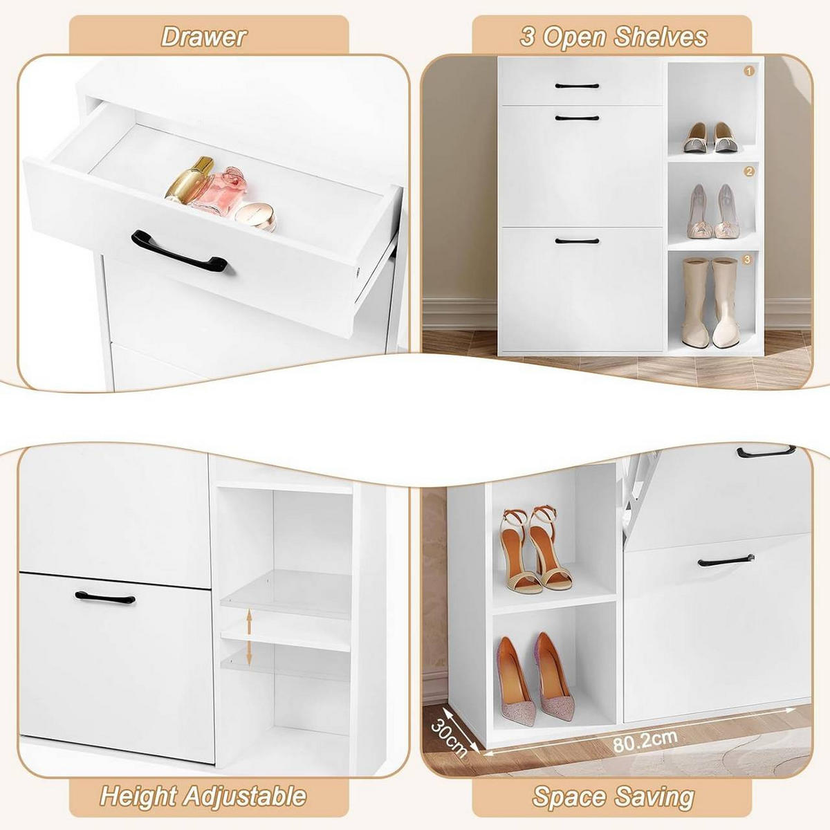 SCHUHSCHRANK mit 2 Klappfächern, Weiß - Weiß, Holzwerkstoff/Kunststoff (80/90/30cm) - Woltu