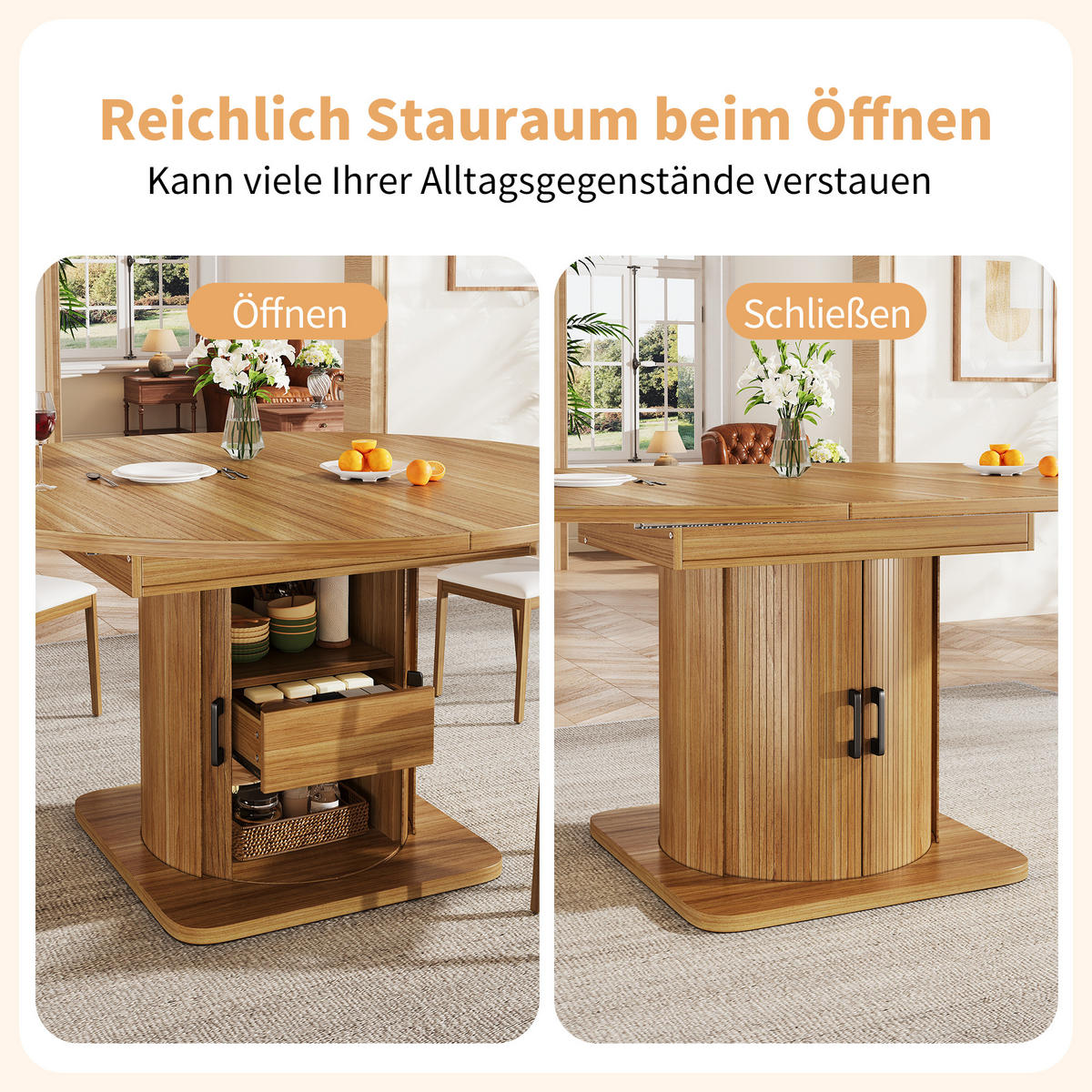 ESSTISCH in Holzoptik Runder Küchentisch mit 118-158 ausziehbarer Tisch und Schubladen, 118-158/118/76cm - Naturfarben, Holzwerkstoff (118/118/76cm) - STILVORA