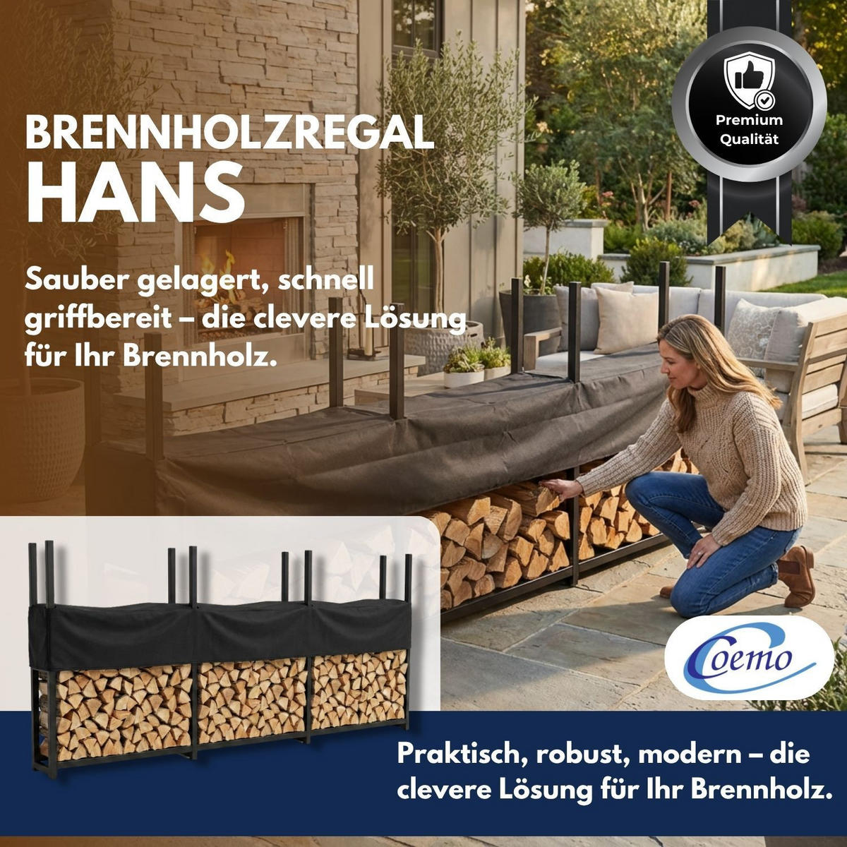 BRENNHOLZREGAL HANS Metall Schwarz 335/25/115 cm - Schwarz, Metall (25/115/335cm) - Coemo