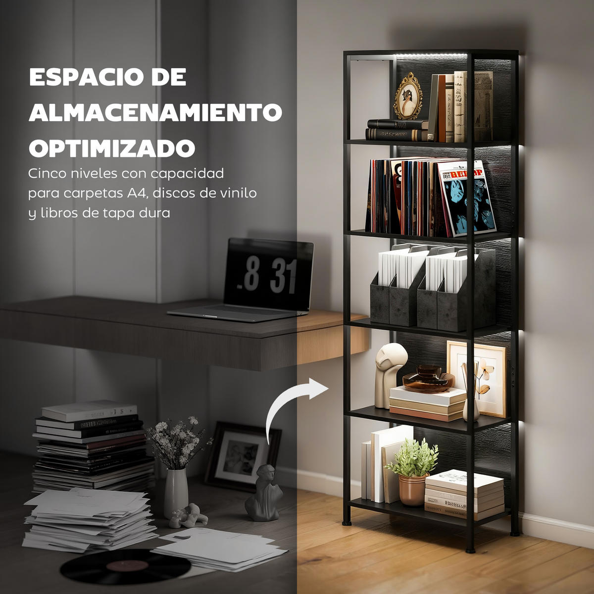 BÜCHERREGAL,5-STÖCKIG 7-farbige LED 60x30x179cm,schwarz - Schwarz, Holzwerkstoff (60/179/30cm) - Vallsero