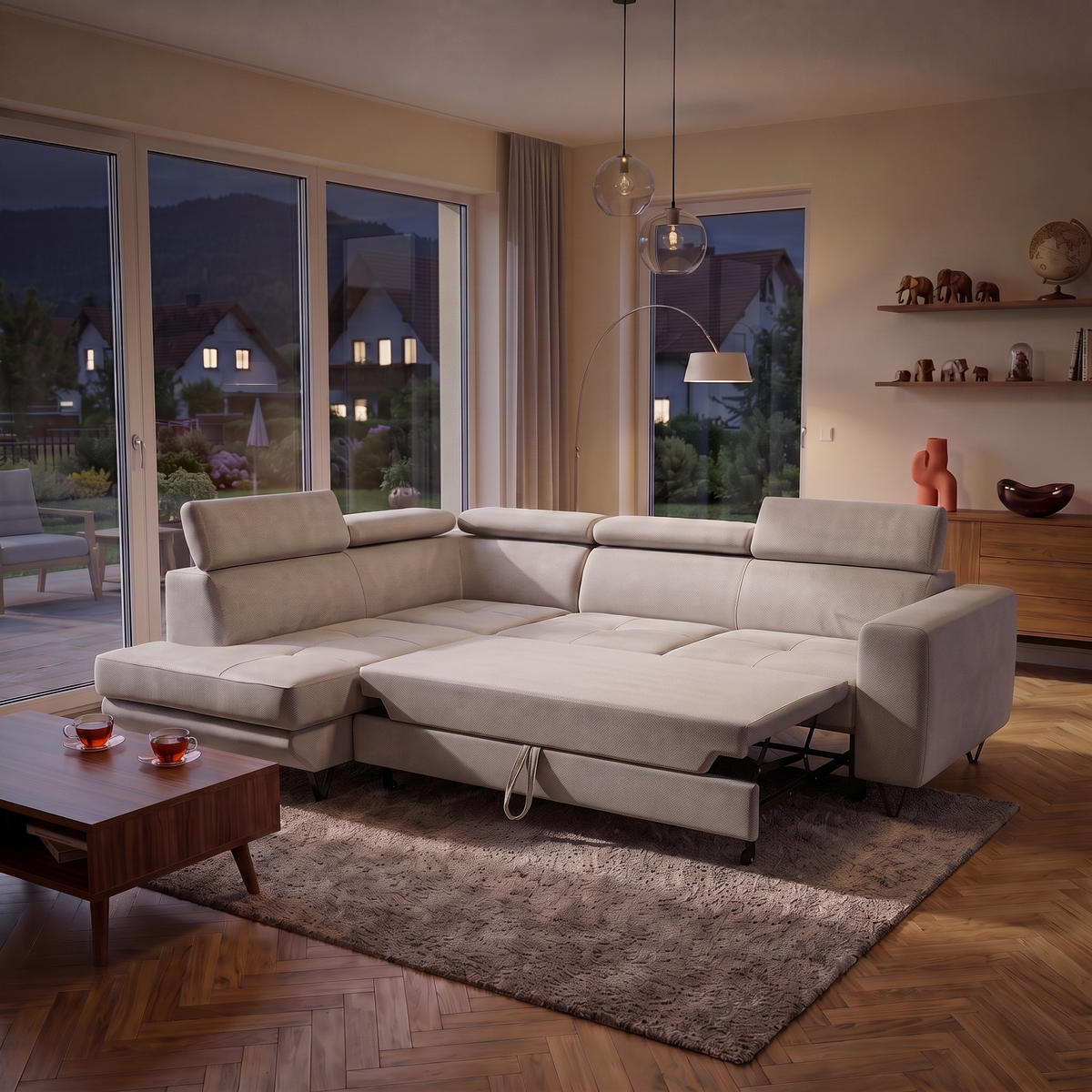 ECKSOFA JUNIOR L Links mit Schlaffunktion 194x128 Velours Creme - Creme/Schwarz, Holz/Textil (249/184cm) - Muffo