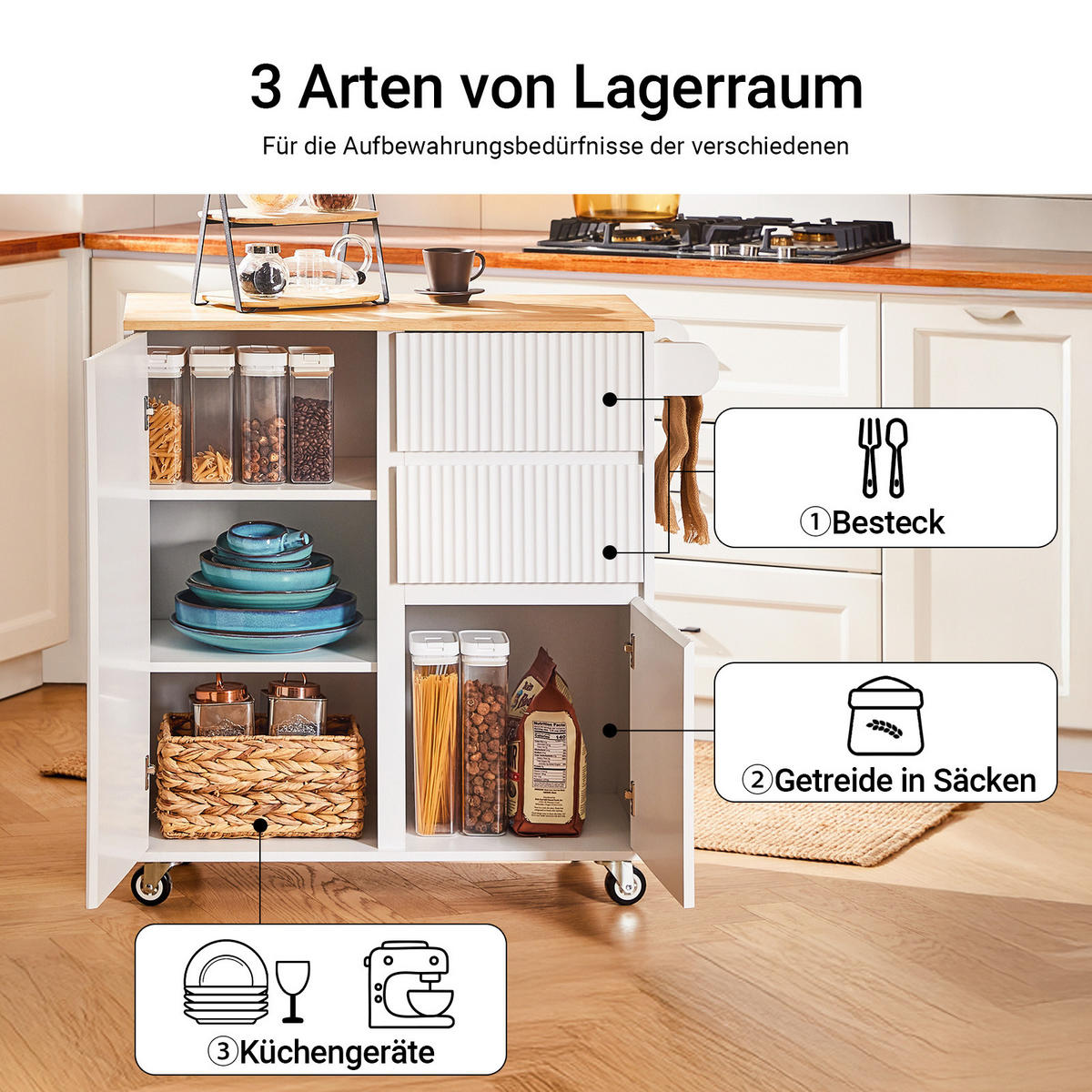 KÜCHENWAGEN auf Rollen Weiß-Natur - Weiß/Naturfarben, Holz/Holzwerkstoff (90/90/40cm) - SoBuy