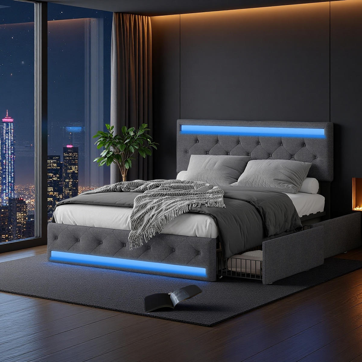 POLSTERBETT 140x190 cm Grau mit LED 4 Schubladen - Grau, Metall (140/200cm) - SHOPENTRA