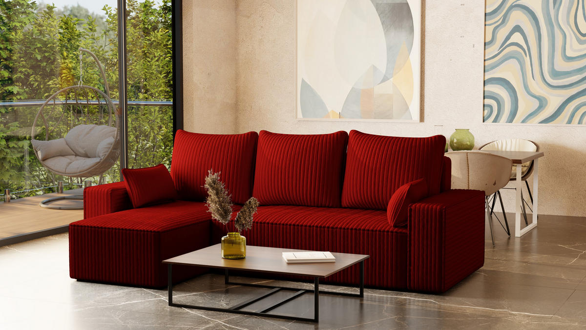 ECKSOFA Tobi mit Bettkasten und Schlaffunktion, L-Form/XL-Form, Cordstoff, Universal - Rot, Holzwerkstoff (246/145cm) - 4ALL HOME