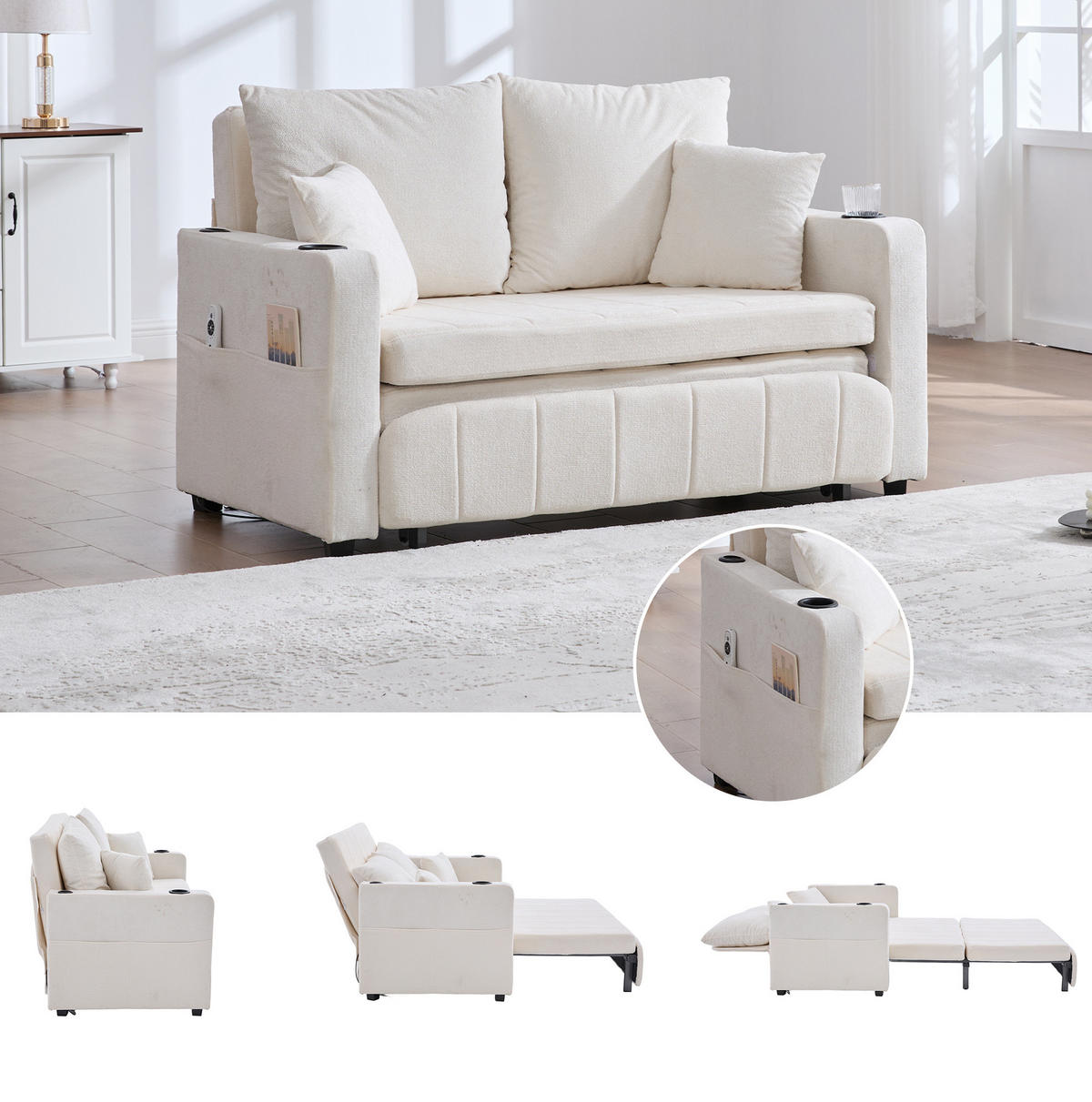 SCHLAFSOFA aus Chenille 139x83x58 cm Beige ausziehbar mit Aufbewahrungstasche und 4 Kissen - Beige, Textil (73/83/139cm) - Modfu
