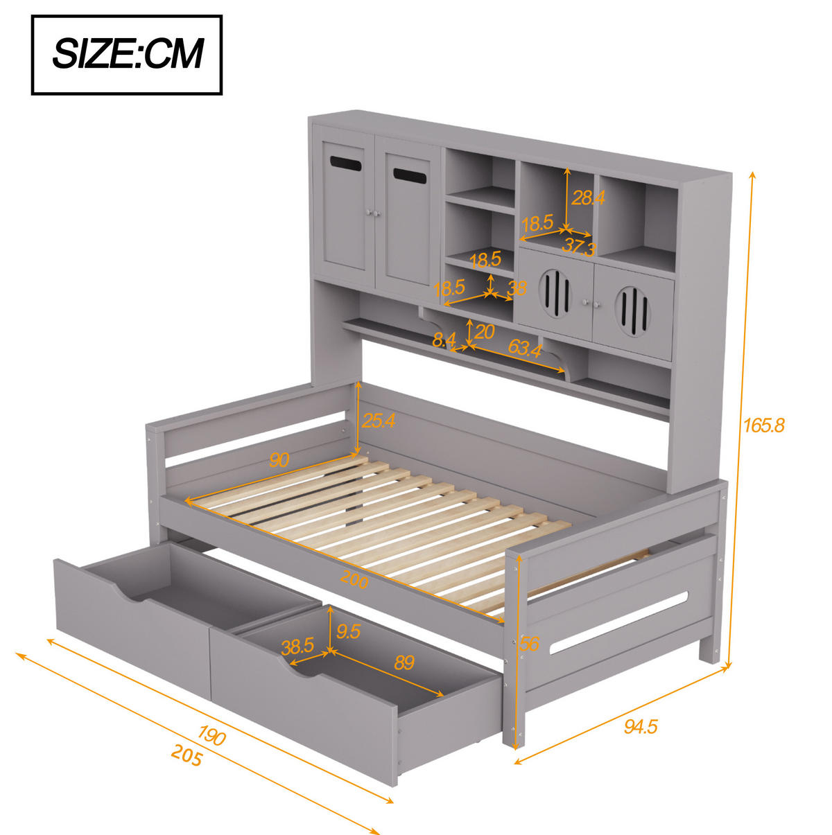 MULTIFUNKTIONSBETT aus Kiefernholz 90x200 cm Grau mit Stauraum, 2 Schubladen und Aufsatzregal - Grau, Holz (90/200cm) - Modfu