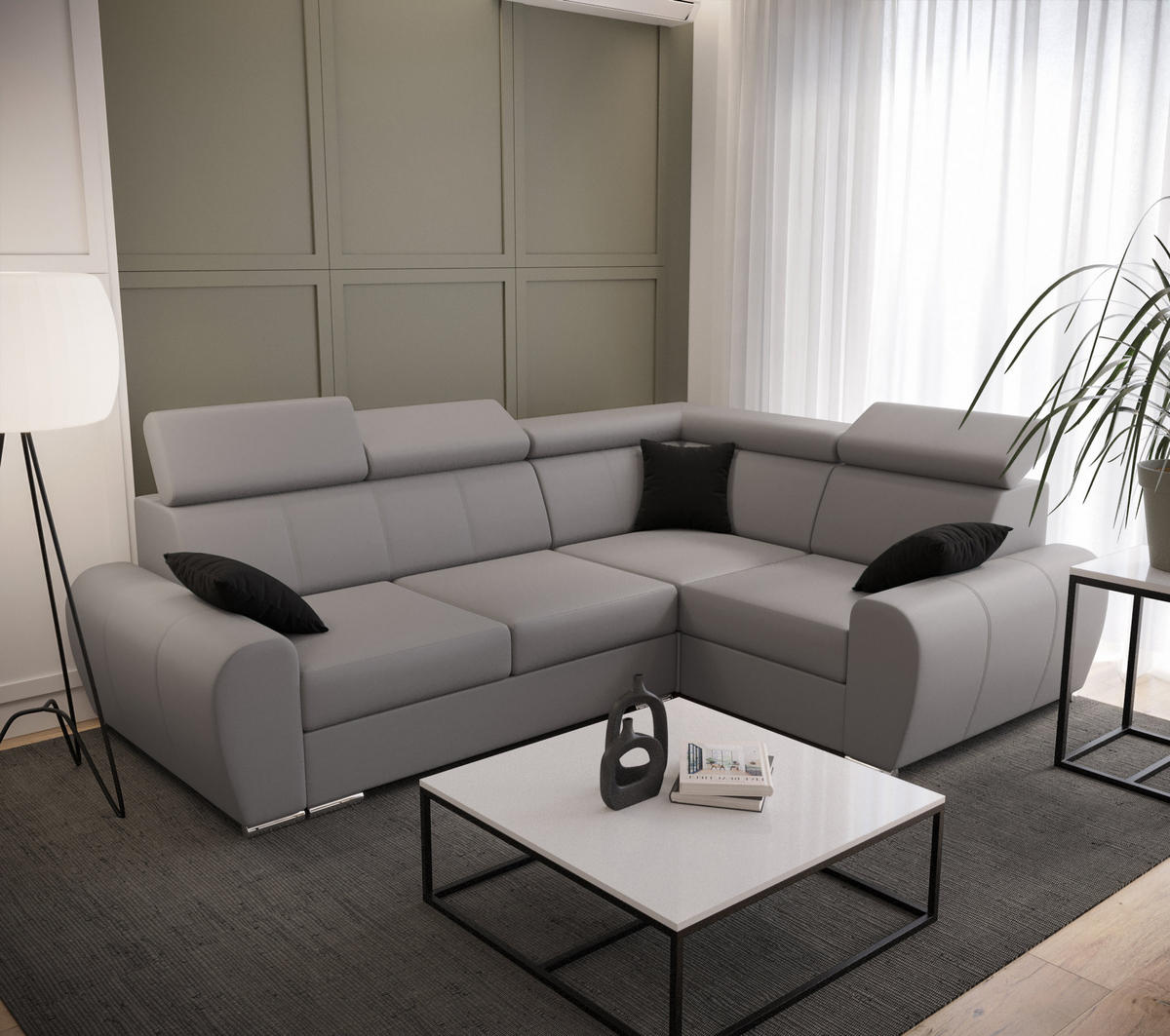 ECKSOFA APOLLO KN08, Eckcouch in L-Form mit Schlaffunktion, Farbe: Grau, Kunstleder, Ottomane Rechts - Grau, Textil (255/190cm) - O-Sofa