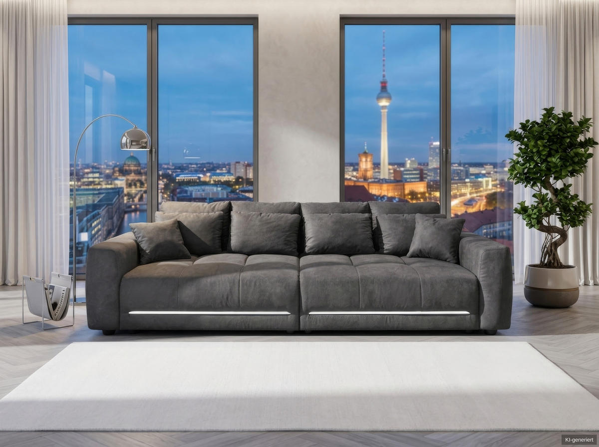 BIG-SOFA Federkern B294/T136/H86 cm, RGB-LED-Beleuchtung mit Fernbedienung, Mikrofaserstoff in Anthrazit / 15415 - Anthrazit/Schwarz, Kunststoff/Textil (294/86/136cm) - luma-home
