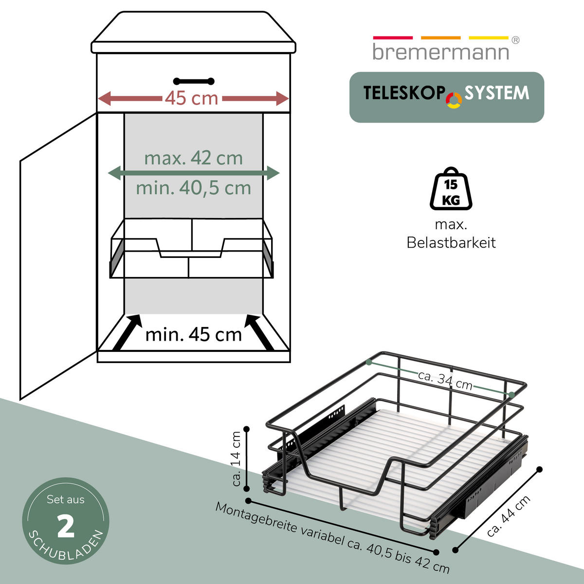 TELESKOPSCHUBLADEN (2er Set), für 45 cm Schrank, Metall, Schwarz - Chromfarben, Metall (42/14/44cm) - bremermann