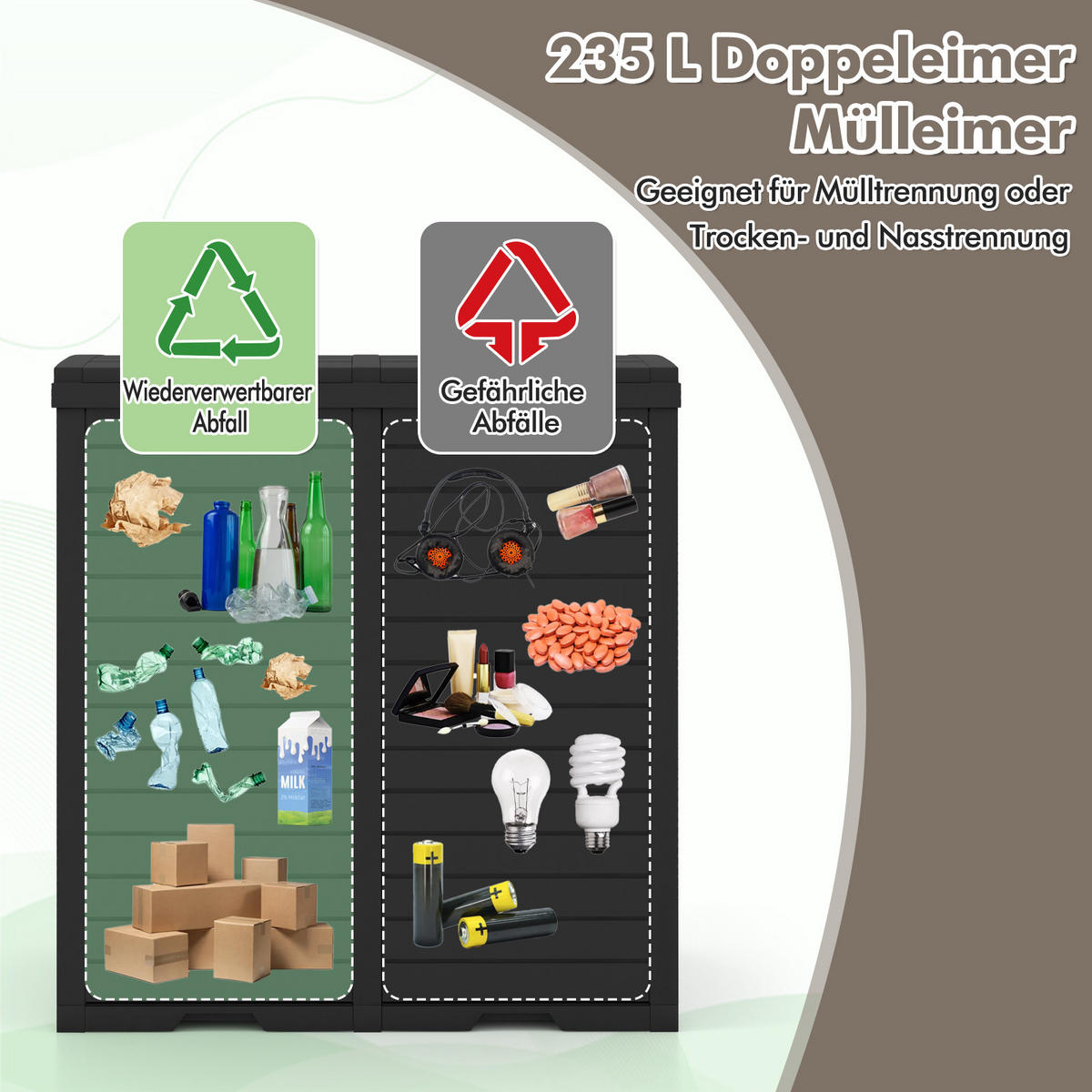POPELNICE 235L s odpadkovým košem černá - černá, plast (77/86/40cm) - COSTWAY