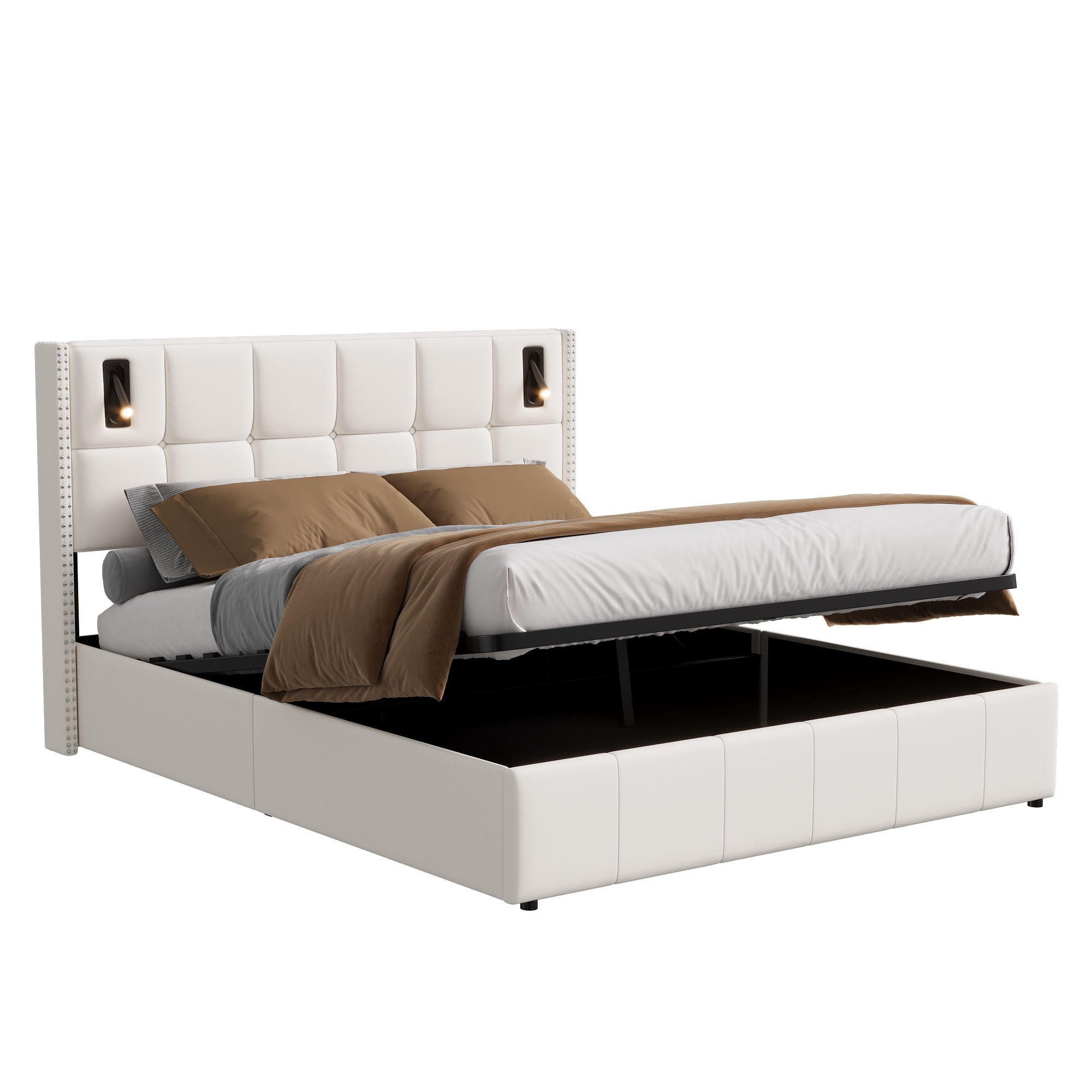 BETT mit Stauraum 140/200 cm, mit 2 zylindrischen LED-Lampen, Stauraum, USB-A/C-Aufladung, Holzlattenrost, Metallrahmen, gepolstertes Samtbett – Beige - Beige, Holzwerkstoff (140/200cm) - Brevoria