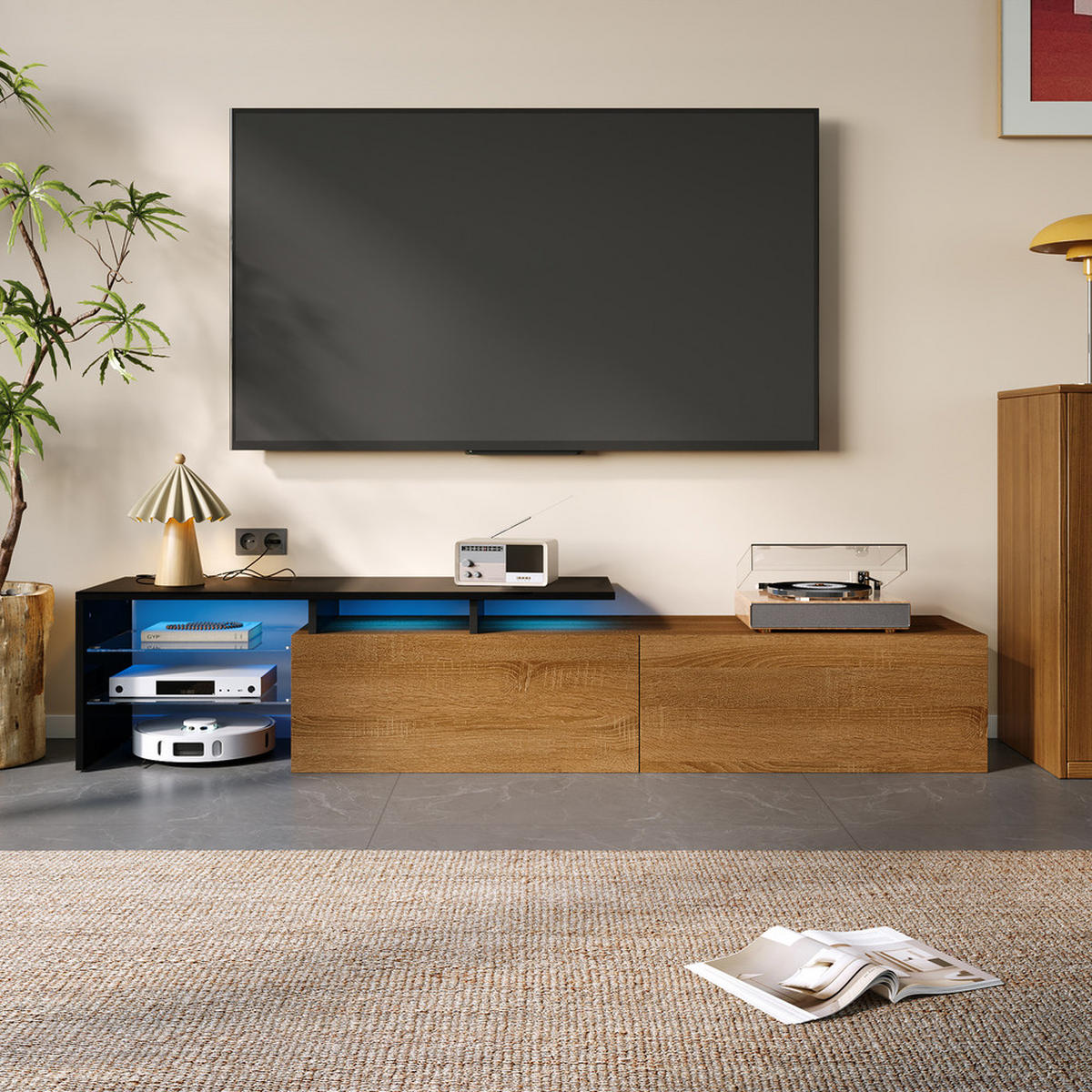 TV-SCHRANK Modern Schwarz Holzoptik Glasböden LED-Beleuchtung - Schwarz, Holz (42.19/18.42/143cm) - FLIEKS